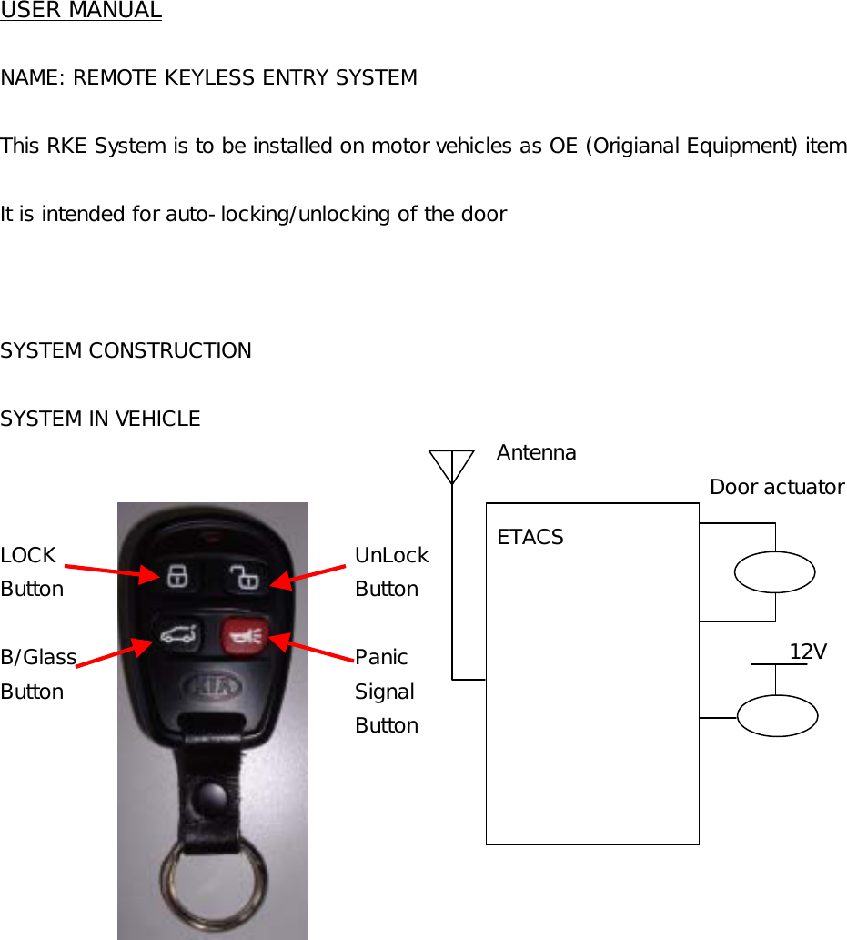 USER MANUALNAME: REMOTE KEYLESS ENTRY SYSTEMThis RKE System is to be installed on motor vehicles as OE (Origianal Equipment) itemIt is intended for auto-locking/unlocking of the doorSYSTEM CONSTRUCTIONSYSTEM IN VEHICLE Antenna Door actuatorLOCK UnLockButton ButtonB/Glass PanicButton SignalButton12VETACS