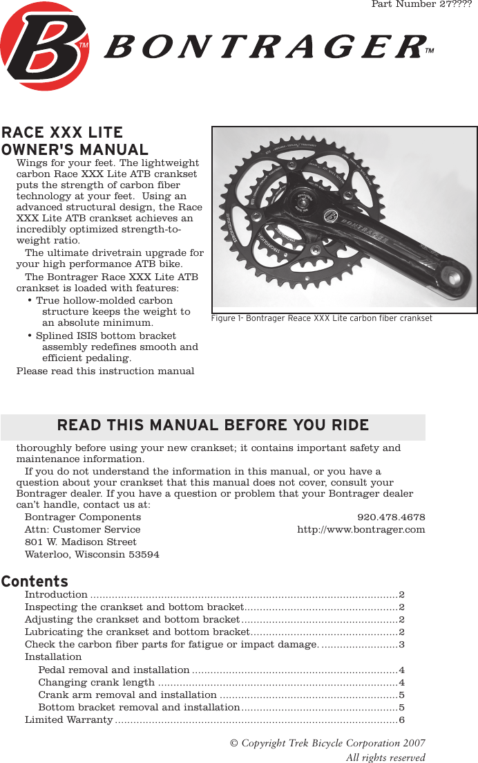 Bontrager Race Xxx Lite Owners Manual