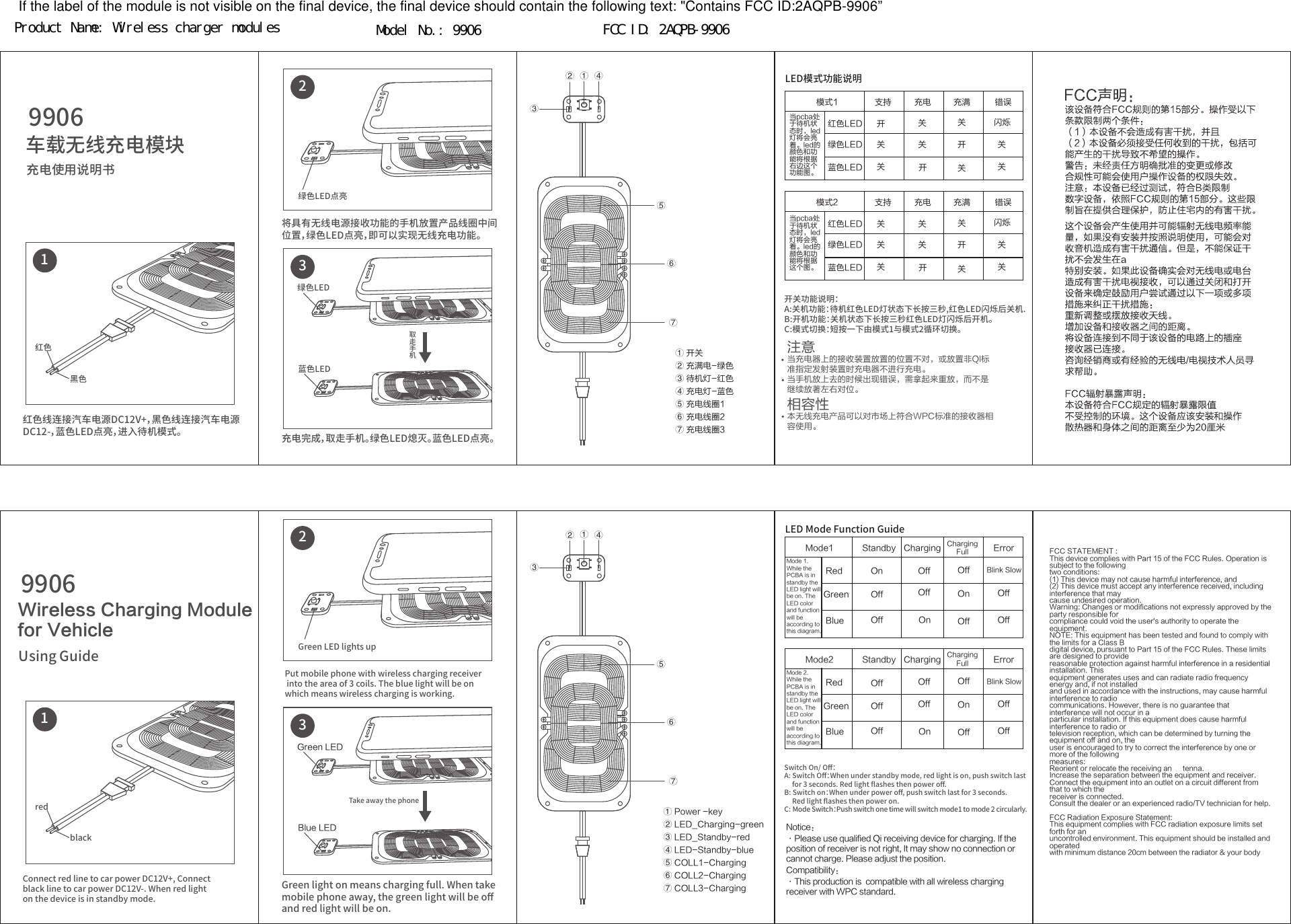 If the label of the module is not visible on the final device, the final device should contain the following text: "Contains FCC ID:2AQPB-9906&rdquo;车载无线充电模块99061红色黑色红色线连接汽车电源DC12V+，黑色线连接汽车电源DC12-，蓝色LED点亮，进入待机模式。2将具有无线电源接收功能的手机放置产品线圈中间位置，绿色LED点亮，即可以实现无线充电功能。绿色LED点亮3充电完成，取走手机。绿色LED熄灭。蓝色LED点亮。绿色LED蓝色LED充电使用说明书Wireless Charging Modulefor Vehicle99061redblackConnect red line to car power DC12V+, Connect black line to car power DC12V-. When red light on the device is in standby mode.2Put mobile phone with wireless charging receiver into the area of 3 coils. The blue light will be on which means wireless charging is working. Green LED lights up3Green light on means charging full. When take mobile phone away, the green light will be oﬀ and red light will be on. Green LEDBlue LEDTake away the phoneUsing Guide注意当充电器上的接收装置放置的位置不对，或放置非Ql标准指定发射装置时充电器不进行充电。当手机放上去的时候出现错误，需拿起来重放，而不是继续放著左右对位。相容性本无线充电产品可以对市场上符合WPC标准的接收器相容使用。①① 开关②② 充满电-绿色③③ 待机灯-红色④④ 充电灯-蓝色⑤⑤ 充电线圈1⑥⑥ 充电线圈2⑦⑦ 充电线圈3开关功能说明：A:关机功能：待机红色LED灯状态下长按三秒,红色LED闪烁后关机.B:开机功能：关机状态下长按三秒红色LED灯闪烁后开机。C:模式切换：短按一下由模式1与模式2循环切换。LED模式功能说明模式1 支持 充电 充满 错误红色LED 开开开关关关关关关关关绿色LED蓝色LED闪烁①① Power -key②② LED_Charging-green③③ LED_Standby-red④④ LED-Standby-blue⑤⑤ COLL1-Charging⑥⑥ COLL2-Charging⑦⑦ COLL3-ChargingSwitch On/ Oﬀ：A: Switch Oﬀ：When under standby mode, red light is on, push switch last      for 3 seconds. Red light ﬂashes then power oﬀ.B: Switch on：When under power oﬀ, push switch last for 3 seconds.      Red light ﬂashes then power on.C: Mode Switch：Push switch one time will switch mode1 to mode 2 circularly.LED Mode Function GuideMode1 Standby Charging  Charging Full ErrorRed OnOnOnOffOffOffOffOffOff OffOffGreenBlueBlink SlowNotice：&middot;Please use qualified Qi receiving device for charging. If the       position of receiver is not right, It may show no connection or cannot charge. Please adjust the position.Compatibility：&middot;This production is  compatible with all wireless charging receiver with WPC standard.当pcba处于待机状态时，led灯将会亮着。led的颜色和功能将根据右边这个功能图。 模式2 支持 充电 充满 错误红色LED开开关关关关关关关关关绿色LED蓝色LED闪烁当pcba处于待机状态时，led灯将会亮着。led的颜色和功能将根据这个图。Mode 1. While the PCBA is in standby the LED light will be on. The LED color and function will be according to this diagram.Mode2 Standby Charging  Charging Full ErrorRedOnOnOffOffOffOffOffOffOff OffOffGreenBlueBlink SlowMode 2. While the PCBA is in standby the LED light will be on. The LED color and function will be according to this diagram.FCC STATEMENT :This device complies with Part 15 of the FCC Rules. Operation is subject to the followingtwo conditions:(1) This device may not cause harmful interference, and(2) This device must accept any interference received, including interference that maycause undesired operation.Warning: Changes or modifications not expressly approved by the party responsible forcompliance could void the user's authority to operate the equipment.NOTE: This equipment has been tested and found to comply with the limits for a Class Bdigital device, pursuant to Part 15 of the FCC Rules. These limits are designed to providereasonable protection against harmful interference in a residential installation. Thisequipment generates uses and can radiate radio frequency energy and, if not installedand used in accordance with the instructions, may cause harmful interference to radiocommunications. However, there is no guarantee that interference will not occur in aparticular installation. If this equipment does cause harmful interference to radio ortelevision reception, which can be determined by turning the equipment off and on, theuser is encouraged to try to correct the interference by one or more of the followingmeasures:Reorient or relocate the receiving an 　 tenna.Increase the separation between the equipment and receiver. 　Connect the equipment into an outlet on a circuit different from that to which the  receiver is connected.Consult the dealer or an experienced radio/TV technician for help. 　FCC Radiation Exposure Statement:This equipment complies with FCC radiation exposure limits set forth for anuncontrolled environment. This equipment should be installed and operatedwith minimum distance 20cm between the radiator &amp; your bodyＰｒｏｄｕｃｔ　Ｎａｍｅ：　Ｗｉｒｅｌｅｓｓ　ｃｈａｒｇｅｒ　ｍｏｄｕｌｅｓ Ｍｏｄｅｌ　Ｎｏ．：　９９０６ ＦＣＣ　ＩＤ：　２ＡＱＰＢ－９９０６