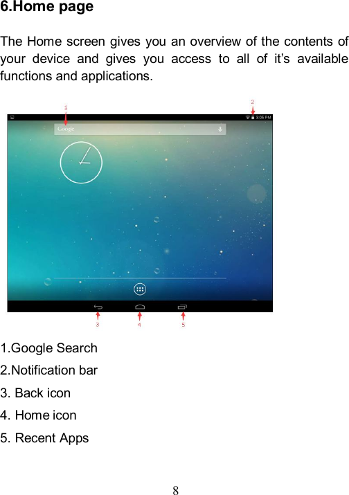  8   6.Home page  The Home screen gives you an overview of the contents of your  device  and  gives  you  access  to  all  of  it&rsquo;s  available functions and applications.               1.Google Search 2.Notification bar 3. Back icon 4. Home icon 5. Recent Apps  