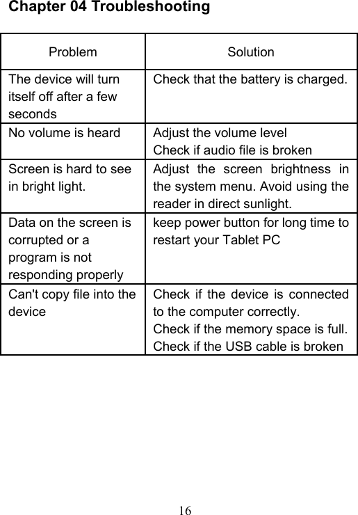  16  Chapter 04 Troubleshooting  Problem    Solution   The device will turn itself off after a few seconds   Check that the battery is charged. No volume is heard    Adjust the volume level   Check if audio file is broken Screen is hard to see in bright light.   Adjust  the  screen  brightness  in the system menu. Avoid using the reader in direct sunlight.   Data on the screen is corrupted or a program is not responding properly keep power button for long time to restart your Tablet PC Can't copy file into the device Check  if  the  device  is  connected to the computer correctly.   Check if the memory space is full.Check if the USB cable is broken       