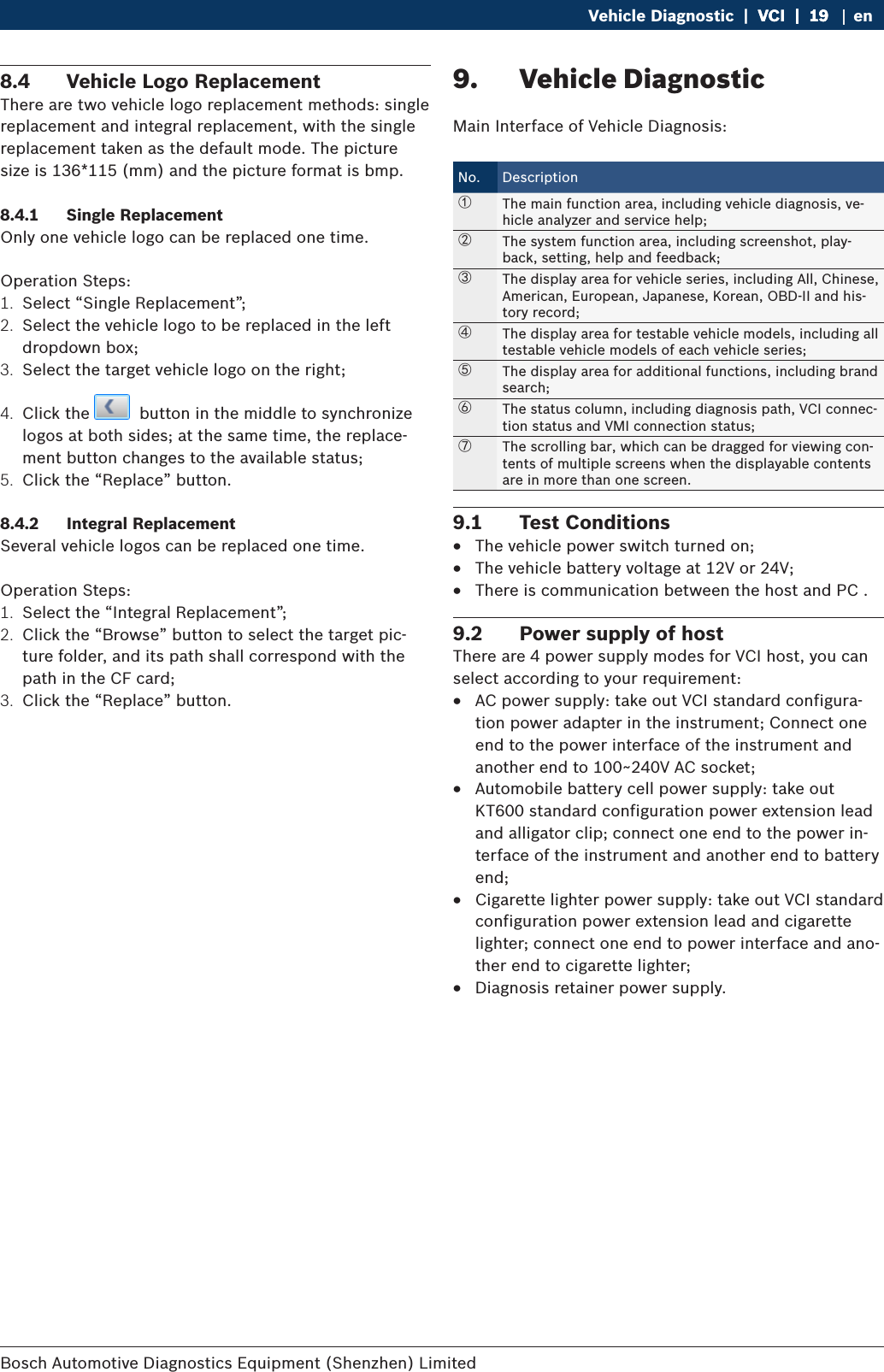 Bosch Automotive Diagnostics Equipment (Shenzhen) Limited Vehicle Diagnostic  |  VCI  |  19VCI  |  19  |  19 en8.4  Vehicle Logo ReplacementThere are two vehicle logo replacement methods: single replacement and integral replacement, with the single replacement taken as the default mode. The picture size is 136*115 (mm) and the picture format is bmp.8.4.1  Single ReplacementOnly one vehicle logo can be replaced one time.Operation Steps:1.  Select “Single Replacement”;2.  Select the vehicle logo to be replaced in the left dropdown box;3.  Select the target vehicle logo on the right;4.  Click the    button in the middle to synchronize logos at both sides; at the same time, the replace-ment button changes to the available status;5.  Click the “Replace” button.8.4.2  Integral ReplacementSeveral vehicle logos can be replaced one time.Operation Steps:1.  Select the “Integral Replacement”;2.  Click the “Browse” button to select the target pic-ture folder, and its path shall correspond with the path in the CF card;3.  Click the “Replace” button.9.  Vehicle DiagnosticMain Interface of Vehicle Diagnosis:No. Description①The main function area, including vehicle diagnosis, ve-hicle analyzer and service help;②The system function area, including screenshot, play-back, setting, help and feedback;③The display area for vehicle series, including All, Chinese, American, European, Japanese, Korean, OBD-II and his-tory record;④The display area for testable vehicle models, including all testable vehicle models of each vehicle series;⑤The display area for additional functions, including brand search;⑥The status column, including diagnosis path, VCI connec-tion status and VMI connection status;⑦The scrolling bar, which can be dragged for viewing con-tents of multiple screens when the displayable contents are in more than one screen.9.1  Test Conditions RThe vehicle power switch turned on; RThe vehicle battery voltage at 12V or 24V; RThere is communication between the host and PC .9.2  Power supply of hostThere are 4 power supply modes for VCI host, you can select according to your requirement: RAC power supply: take out VCI standard configura-tion power adapter in the instrument; Connect one end to the power interface of the instrument and another end to 100~240V AC socket; RAutomobile battery cell power supply: take out KT600 standard configuration power extension lead and alligator clip; connect one end to the power in-terface of the instrument and another end to battery end; RCigarette lighter power supply: take out VCI standard configuration power extension lead and cigarette lighter; connect one end to power interface and ano-ther end to cigarette lighter; RDiagnosis retainer power supply.