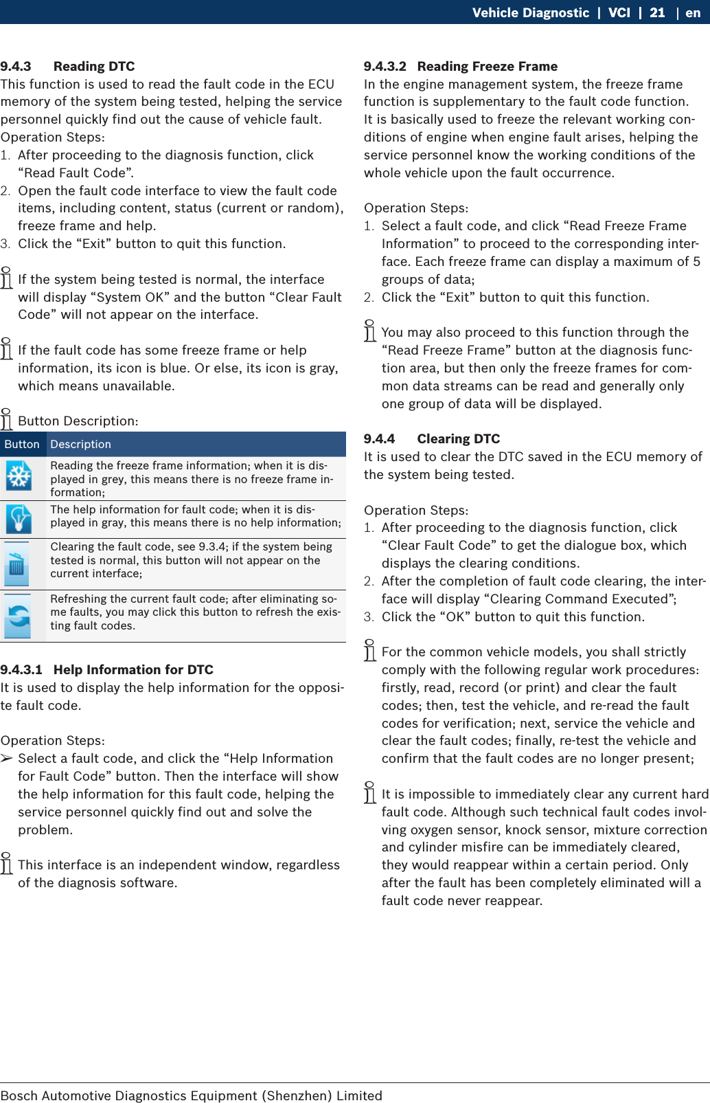 Bosch Automotive Diagnostics Equipment (Shenzhen) Limited Vehicle Diagnostic  |  VCI  |  21VCI  |  21  |  21 en9.4.3  Reading DTCThis function is used to read the fault code in the ECU memory of the system being tested, helping the service personnel quickly find out the cause of vehicle fault.Operation Steps:1.  After proceeding to the diagnosis function, click “Read Fault Code”.2.  Open the fault code interface to view the fault code items, including content, status (current or random), freeze frame and help.3.  Click the “Exit” button to quit this function. iIf the system being tested is normal, the interface will display “System OK” and the button “Clear Fault Code” will not appear on the interface. iIf the fault code has some freeze frame or help information, its icon is blue. Or else, its icon is gray, which means unavailable. iButton Description:Button DescriptionReading the freeze frame information; when it is dis-played in grey, this means there is no freeze frame in-formation;The help information for fault code; when it is dis-played in gray, this means there is no help information;Clearing the fault code, see 9.3.4; if the system being tested is normal, this button will not appear on the current interface;Refreshing the current fault code; after eliminating so-me faults, you may click this button to refresh the exis-ting fault codes.9.4.3.1  Help Information for DTCIt is used to display the help information for the opposi-te fault code.Operation Steps: ¶Select a fault code, and click the “Help Information for Fault Code” button. Then the interface will show the help information for this fault code, helping the service personnel quickly find out and solve the problem. iThis interface is an independent window, regardless of the diagnosis software.9.4.3.2  Reading Freeze FrameIn the engine management system, the freeze frame function is supplementary to the fault code function. It is basically used to freeze the relevant working con-ditions of engine when engine fault arises, helping the service personnel know the working conditions of the whole vehicle upon the fault occurrence.Operation Steps:1.  Select a fault code, and click “Read Freeze Frame Information” to proceed to the corresponding inter-face. Each freeze frame can display a maximum of 5 groups of data;2.  Click the “Exit” button to quit this function. iYou may also proceed to this function through the “Read Freeze Frame” button at the diagnosis func-tion area, but then only the freeze frames for com-mon data streams can be read and generally only one group of data will be displayed.9.4.4  Clearing DTCIt is used to clear the DTC saved in the ECU memory of the system being tested.Operation Steps:1.  After proceeding to the diagnosis function, click “Clear Fault Code” to get the dialogue box, which displays the clearing conditions.2.  After the completion of fault code clearing, the inter-face will display “Clearing Command Executed”;3.  Click the “OK” button to quit this function. iFor the common vehicle models, you shall strictly comply with the following regular work procedures: firstly, read, record (or print) and clear the fault codes; then, test the vehicle, and re-read the fault codes for verification; next, service the vehicle and clear the fault codes; finally, re-test the vehicle and confirm that the fault codes are no longer present; iIt is impossible to immediately clear any current hard fault code. Although such technical fault codes invol-ving oxygen sensor, knock sensor, mixture correction and cylinder misfire can be immediately cleared, they would reappear within a certain period. Only after the fault has been completely eliminated will a fault code never reappear.