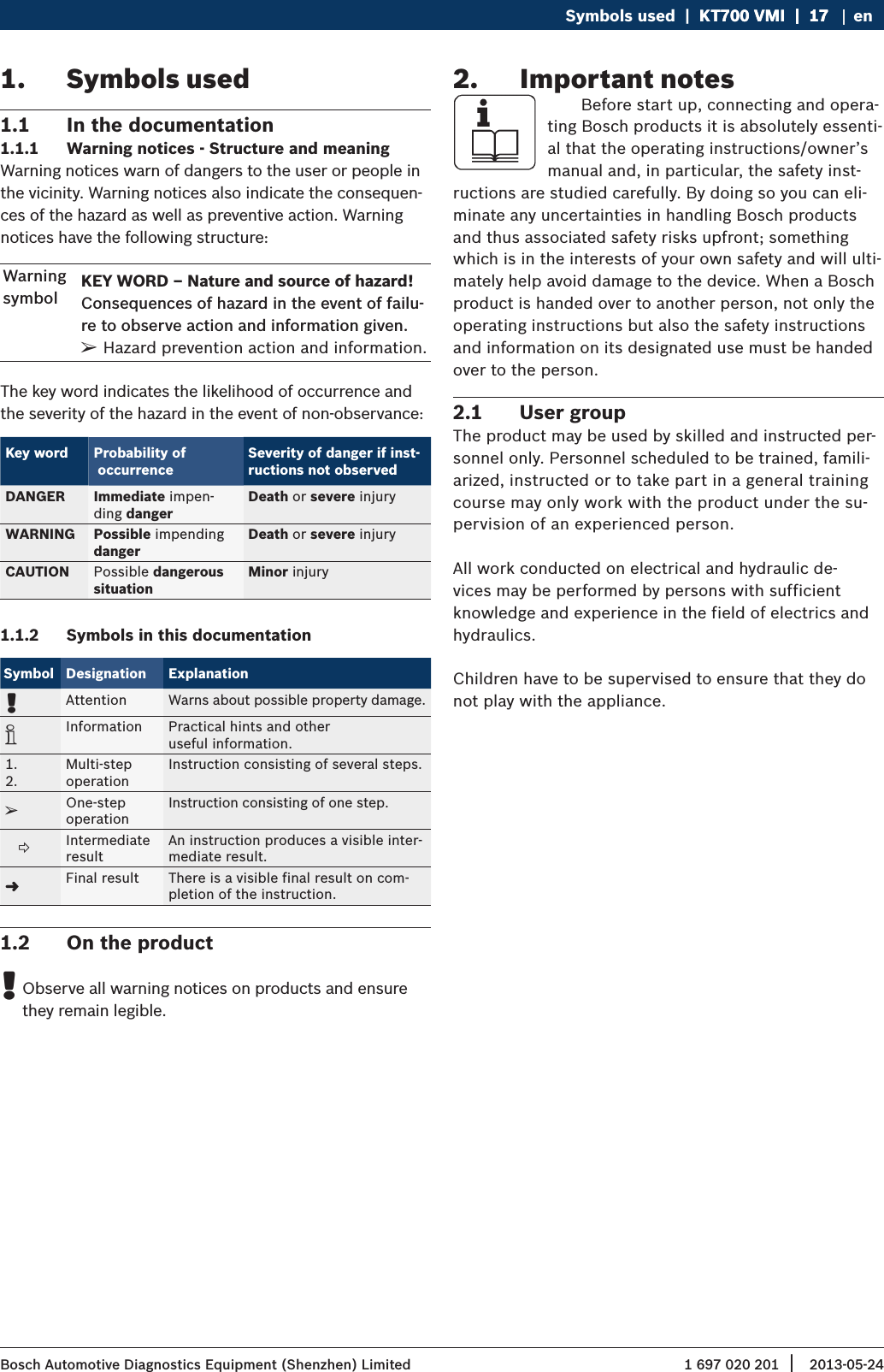 1 697 020 201 2013-05-24| Bosch Automotive Diagnostics Equipment (Shenzhen) LimitedSymbols used  |  KT700 VMI  |  17KT700 VMI  |  17  |  17 en1.  Symbols used1.1  In the documentation1.1.1  Warning notices - Structure and meaningWarning notices warn of dangers to the user or people in the vicinity. Warning notices also indicate the consequen-ces of the hazard as well as preventive action. Warning notices have the following structure:Warning symbolKEY WORD – Nature and source of hazard!Consequences of hazard in the event of failu-re to observe action and information given. ¶Hazard prevention action and information.The key word indicates the likelihood of occurrence and the severity of the hazard in the event of non-observance:Key word Probability of  occurrenceSeverity of danger if inst-ructions not observedDANGER Immediate impen-ding dangerDeath or severe injuryWARNING Possible impendingdangerDeath or severe injuryCAUTION Possible dangerous situationMinor injury1.1.2  Symbols in this documentationSymbol Designation Explanation!Attention Warns about possible property damage.iInformation Practical hints and other  useful information.1.2.Multi-step  operationInstruction consisting of several steps.eOne-step  operationInstruction consisting of one step.   Intermediate resultAn instruction produces a visible inter-mediate result.&quot;Final result There is a visible final result on com-pletion of the instruction.1.2  On the product !Observe all warning notices on products and ensure they remain legible.2.  Important notes    Before start up, connecting and opera-ting Bosch products it is absolutely essenti-al that the operating instructions/owner’s manual and, in particular, the safety inst-ructions are studied carefully. By doing so you can eli-minate any uncertainties in handling Bosch products and thus associated safety risks upfront; something which is in the interests of your own safety and will ulti-mately help avoid damage to the device. When a Bosch product is handed over to another person, not only the operating instructions but also the safety instructions and information on its designated use must be handed over to the person.2.1  User groupThe product may be used by skilled and instructed per-sonnel only. Personnel scheduled to be trained, famili-arized, instructed or to take part in a general training course may only work with the product under the su-pervision of an experienced person.All work conducted on electrical and hydraulic de-vices may be performed by persons with sufficient knowledge and experience in the field of electrics and hydraulics.Children have to be supervised to ensure that they do not play with the appliance.