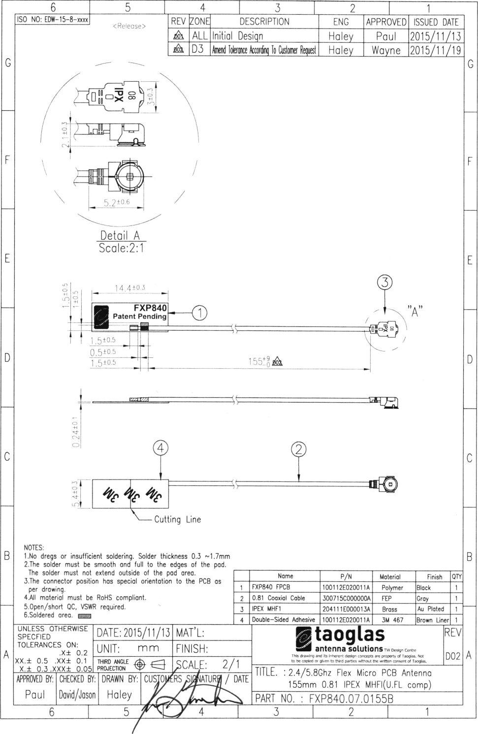 lS0 N0:  tDl{-15-8-xxxx ( Releose  )I  ^r.ou IF-----:zl----+l\----  -----Detoil AScole:2:1NOTES:l.No dregs  or insufficient  soldering.  Solder thickness  0.3 -l.7mm2.The solder  must be smooth  ond full to the edges of the  pod.The solder  must not extend  outside  of the pod oreo.3.1he connector  position  hos speciol  orienlotion  io the PCB  osper drowing.4.All moteriol  musl be RoHS  compliont.S.Open/short  QC,  VSWR  required.6.Soldered orco. @15/11 /131001 r2E02001  lA&apos;r00r  12E0200r  1ASPECFIEDTOLERANCES  ON:.xr 0.2xx.r 0.5 .xx+ 0.1DATI: 201 5/1 1 /1 iS !&quot;?.?.9. [n,?- -,, .&quot;.,,&quot;ft  &amp;.dry  d  lb liBel  ddgn  c(@  e  t@d  Iq6.  kto h @pH  d q!6 to hrd  Fd6 trfft  tu *lfu  dd  d Iioda.UNIT: mmTH|RD  AIGLE  A,  --lPRo.,EcTroN  V  t- TIILE.  : 2.4/5.lGhz Flex  Micro PCB Antenno&apos;l55mm 0.81 lPtX MHFI(U.FL  comp)DRAWN  BY:Ho leyCHTCKTD  BY:Dovid/JosonAPPROViD  BY:Poul PART N0. : FXP840.07,01558Ia3Y- f -... ,,A,,-l{i