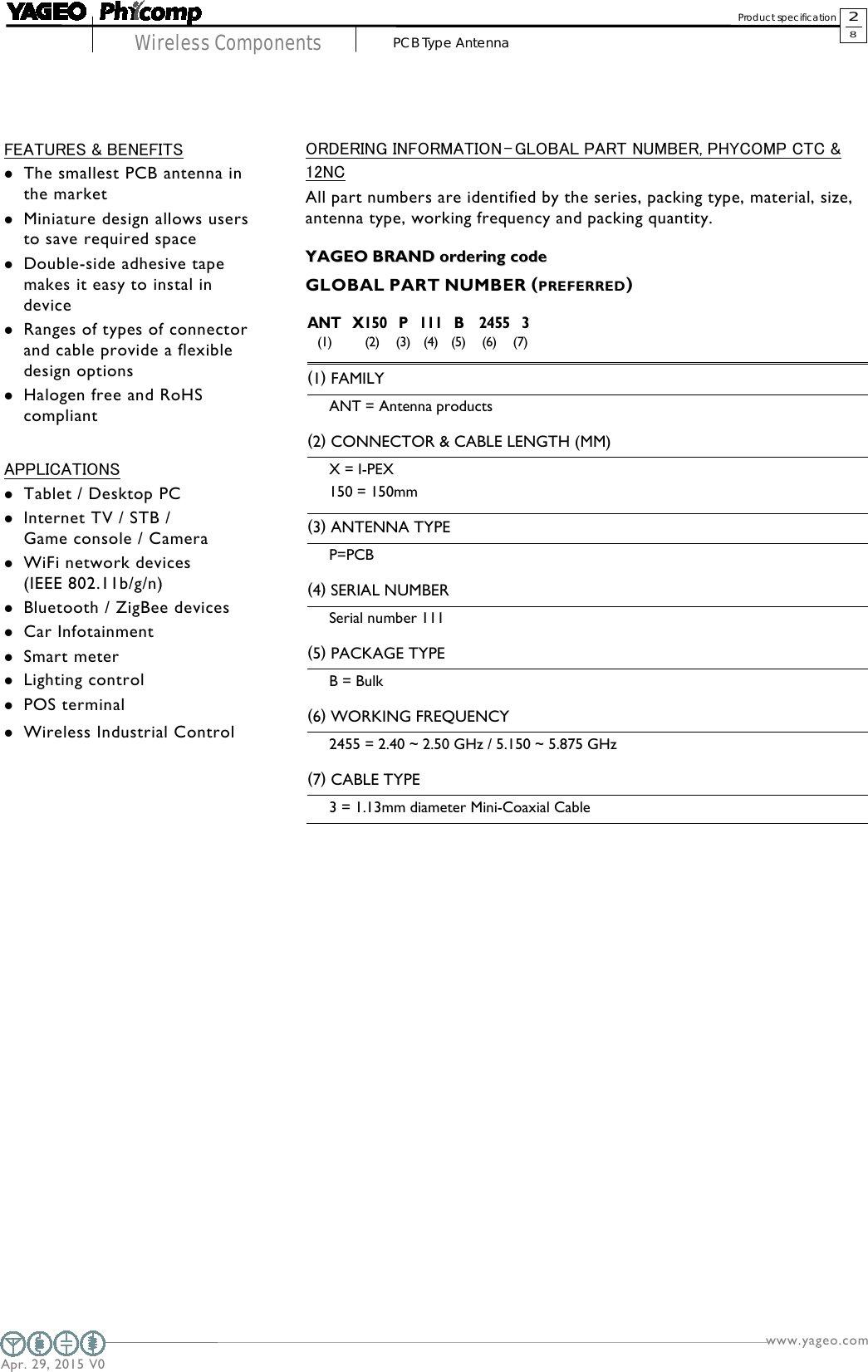   www.yageo.com  Apr. 29, 2015 V0                     Wireless Components        2 8 Product specification    PCB Type Antenna                   FEATURES &amp; BENEFITS  The smallest PCB antenna in the market  Miniature design allows users to save required space  Double-side adhesive tape makes it easy to instal in device  Ranges of types of connector and cable provide a flexible design options  Halogen free and RoHS compliant  APPLICATIONS  Tablet / Desktop PC  Internet TV / STB /  Game console / Camera  WiFi network devices  (IEEE 802.11b/g/n)  Bluetooth / ZigBee devices  Car Infotainment  Smart meter  Lighting control  POS terminal  Wireless Industrial Control ORDERING INFORMATION - GLOBAL PART NUMBER, PHYCOMP CTC &amp; 12NC All part numbers are identified by the series, packing type, material, size, antenna type, working frequency and packing quantity.                 YYAAGGEEOO  BBRRAANNDD  oorrddeerriinngg  ccooddee  GLOBAL PART NUMBER (PREFERRED) ANT   X150   P   111   B    2455   3     (1)          (2)     (3)    (4)    (5)     (6)     (7)   (1) FAMILY  ANT = Antenna products  (2) CONNECTOR &amp; CABLE LENGTH (MM) X = I-PEX 150 = 150mm  (3) ANTENNA TYPE P=PCB  (4) SERIAL NUMBER Serial number 111  (5) PACKAGE TYPE B = Bulk  (6) WORKING FREQUENCY 2455 = 2.40 ~ 2.50 GHz / 5.150 ~ 5.875 GHz  (7) CABLE TYPE 3 = 1.13mm diameter Mini-Coaxial Cable  