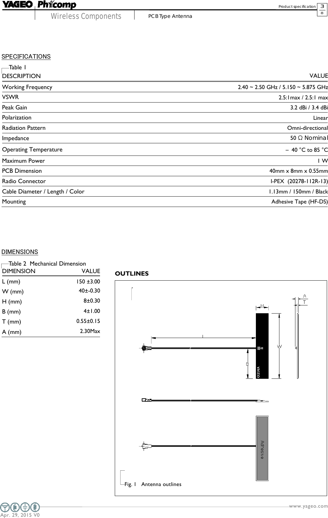   www.yageo.com  Apr. 29, 2015 V0                     Wireless Components        3 8 Product specification    PCB Type Antenna                     SPECIFICATIONS  DESCRIPTION VALUE Working Frequency 2.40 ~ 2.50 GHz / 5.150 ~ 5.875 GHz VSWR 2.5:1max / 2.5:1 max Peak Gain 3.2 dBi / 3.4 dBi Polarization Linear Radiation Pattern Omni-directional Impedance 50 Ω Nominal Operating Temperature –40 °C to 85 °C Maximum Power 1 W PCB Dimension 40mm x 8mm x 0.55mm Radio Connector I-PEX  (20278-112R-13) Cable Diameter / Length / Color 1.13mm / 150mm / Black Mounting Adhesive Tape (HF-DS)  Ta b le 1       OOUUTTLLIINNEESS                    Fig. 1 Antenna outlines     DIMENSIONS  DIMENSION VALUE L (mm)  150 ±3.00 W (mm)  40±-0.30 H (mm)  8±0.30 B (mm)  4±1.00 T (mm)  0.55±0.15 A (mm) 2.30Max  Table 2  Mechanical Dimension   