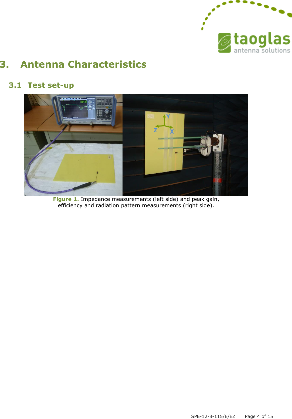  SPE-12-8-115/E/EZ      Page 4 of 15 3. Antenna Characteristics 3.1 Test set-up  Figure 1. Impedance measurements (left side) and peak gain,  efficiency and radiation pattern measurements (right side).   Y X Z 