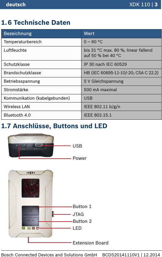 1. 6 Technische DatenBezeichnung WertTemperaturbereich 0 – 60 °CLuftfeuchte bis 31 °C max. 80 %; linear fallend auf 50 % bei 40 °CSchutzklasse IP 30 nach IEC 60529Brandschutzklasse HB (IEC 60695-11-10/-20; CSA C 22.2)Betriebsspannung 5 V GleichspannungStromstärke  500 mA maximalKommunikation (kabelgebunden) USBWireless LAN IEEE 802.11 b/g/nBluetooth 4.0 IEEE 802.15.11.7 Anschlüsse, Buttons und LED deutsch   XDK 110 | 3Bosch Connected Devices and Solutions GmbH BCDS20141110V1 | 12.2014USB Power JTAGLEDExtension BoardButton 1Button 2