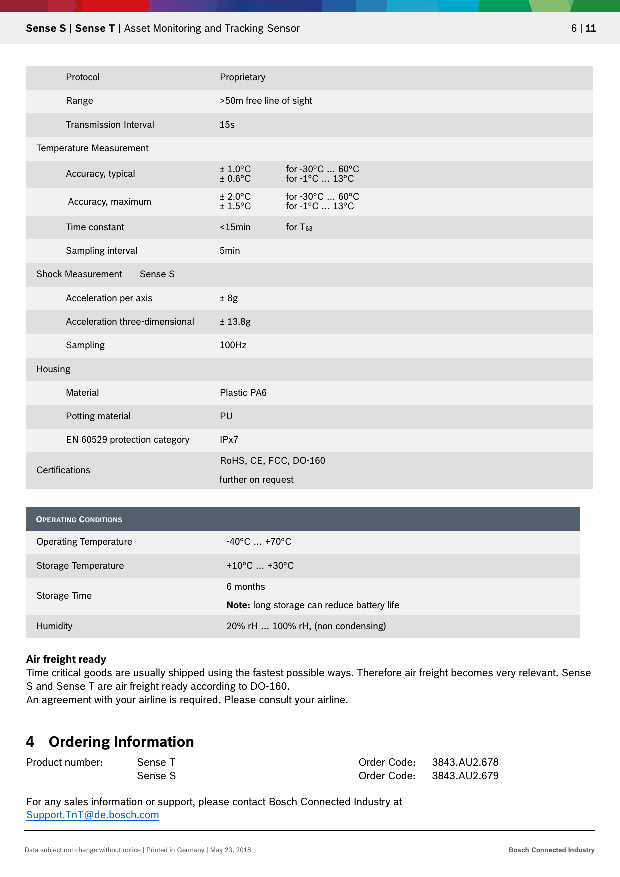   Sense S | Sense T | Asset Monitoring and Tracking Sensor 6 | 11 Data subject not change without notice | Printed in Germany | May 23, 2018  Bosch Connected Industry    Air freight ready Time critical goods are usually shipped using the fastest possible ways. Therefore air freight becomes very relevant. Sense S and Sense T are air freight ready according to DO-160. An agreement with your airline is required. Please consult your airline.  4 Ordering Information Product number: Sense T          Order Code: 3843.AU2.678       Sense S          Order Code: 3843.AU2.679  For any sales information or support, please contact Bosch Connected Industry at  Support.TnT@de.bosch.com   Protocol Proprietary  Range &gt;50m free line of sight  Transmission Interval 15s Temperature Measurement   Accuracy, typical ± 1.0°C  for -30°C … 60°C ± 0.6°C  for -1°C … 13°C   Accuracy, maximum ± 2.0°C  for -30°C … 60°C ± 1.5°C  for -1°C … 13°C  Time constant &lt;15min  for Τ63  Sampling interval 5min Shock Measurement  Sense S   Acceleration per axis ± 8g  Acceleration three-dimensional ± 13.8g  Sampling 100Hz Housing   Material Plastic PA6  Potting material PU  EN 60529 protection category IPx7 Certifications RoHS, CE, FCC, DO-160  further on request OPERATING CONDITIONS  Operating Temperature -40°C … +70°C Storage Temperature +10°C … +30°C Storage Time 6 months  Note: long storage can reduce battery life Humidity 20% rH … 100% rH, (non condensing) 