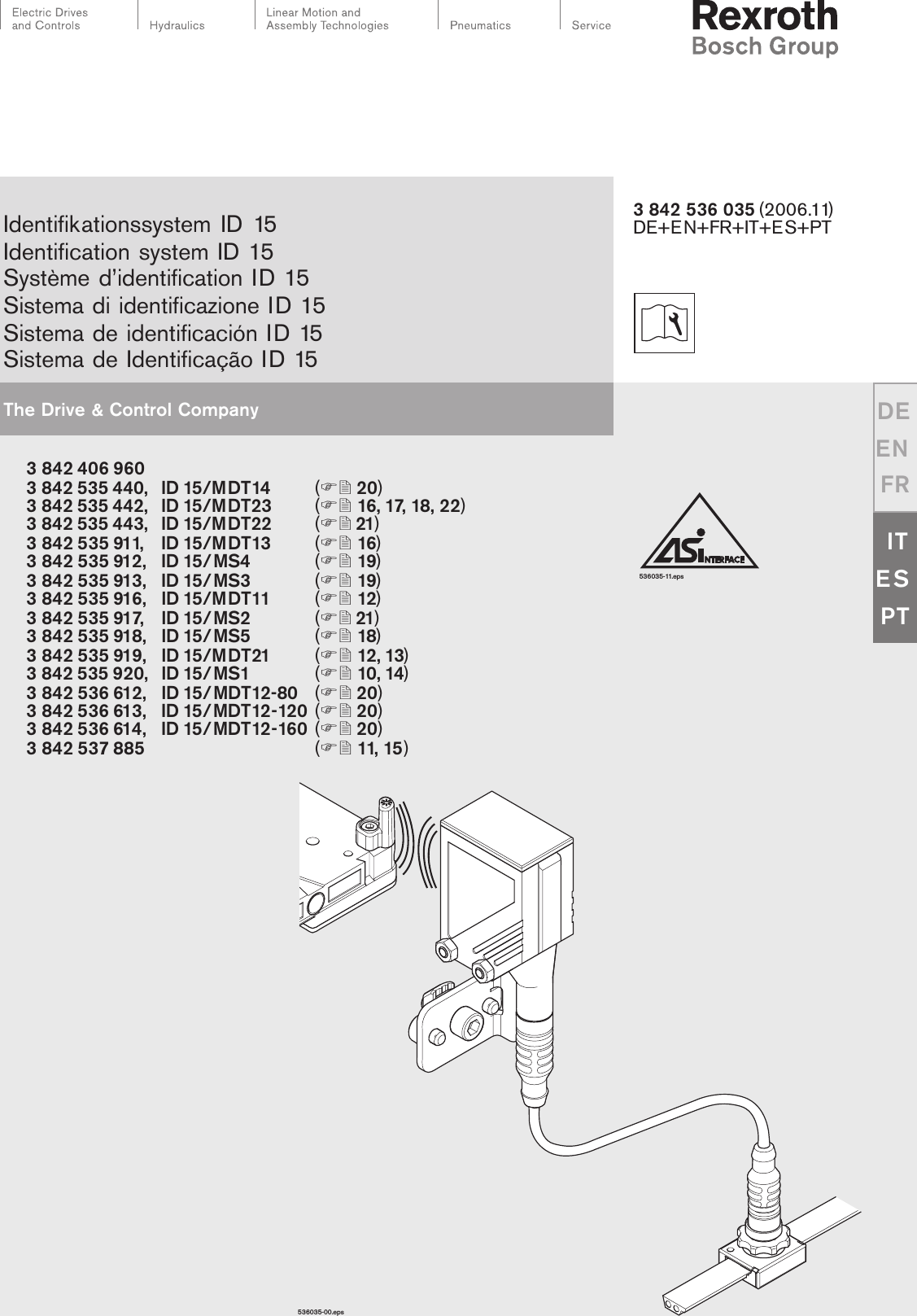 The Drive &amp; Control Company DEENFRITESPT3 842 536 035 (2006.11)DE+EN+FR+IT+ES+PTIdentifikationssystem ID 15Identification system ID 15Syst&egrave;me d&rsquo;identification ID 15Sistema di identificazione ID 15Sistema de identificaci&oacute;n ID 15Sistema de Identifica&ccedil;&atilde;o ID 153 842 406 9603 842 535 440, ID 15/MDT14 ( 20)3 842 535 442, ID 15/MDT23 ( 16, 17, 18, 22)3 842 535 443, ID 15/MDT22 ( 21)3 842 535 911, ID 15/MDT13 ( 16)3 842 535 912, ID 15/MS4 ( 19)3 842 535 913, ID 15/MS3 ( 19)3 842 535 916, ID 15/MDT11 ( 12)3 842 535 917, ID 15/MS2 ( 21)3 842 535 918, ID 15/MS5 ( 18)3 842 535 919, ID 15/MDT21 ( 12, 13)3 842 535 920, ID 15/MS1 ( 10, 14)3 842 536 612, ID 15/MDT12-80 ( 20)3 842 536 613, ID 15/MDT12-120 ( 20)3 842 536 614, ID 15/MDT12-160 ( 20)3 842 537 885 ( 11, 15 )536035-11.eps536035-00.eps