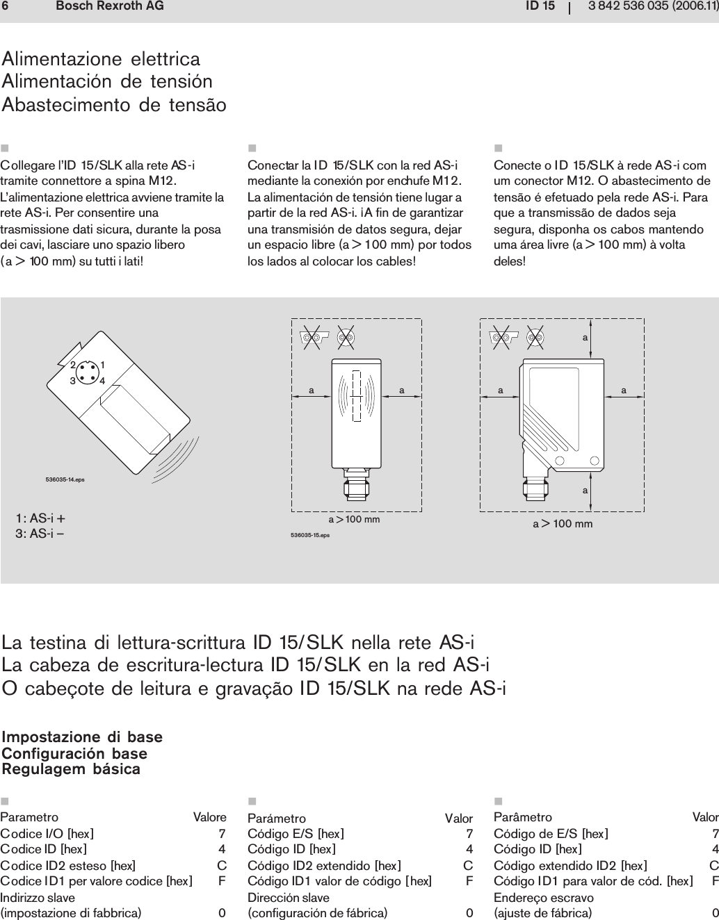 ID 1563 842 536 035 (2006.11)Bosch Rexroth AG1: AS-i +3: AS-i &ndash;a > 100 mma    100 mmaaaaaa536035-15.eps536035-14.eps2134Alimentazione elettricaAlimentaci&oacute;n de tensi&oacute;nAbastecimento de tens&atilde;oCollegare l&rsquo;ID 15/SLK alla rete AS-itramite connettore a spina M12.L&rsquo;alimentazione elettrica avviene tramite larete AS-i. Per consentire unatrasmissione dati sicura, durante la posadei cavi, lasciare uno spazio libero(a > 100 mm) su tutti i lati!La testina di lettura-scrittura ID 15/SLK nella rete AS-iLa cabeza de escritura-lectura ID 15/SLK en la red AS-iO cabe&ccedil;ote de leitura e grava&ccedil;&atilde;o ID 15/SLK na rede AS-iImpostazione di baseConfiguraci&oacute;n baseRegulagem b&aacute;sicaParametro ValoreCodice I/O [hex] 7Codice ID [hex] 4Codice ID2 esteso [hex] CCodice ID1 per valore codice [hex] FIndirizzo slave(impostazione di fabbrica) 0Conecte o ID 15/SLK &agrave; rede AS-i comum conector M12. O abastecimento detens&atilde;o &eacute; efetuado pela rede AS-i. Paraque a transmiss&atilde;o de dados sejasegura, disponha os cabos mantendouma &aacute;rea livre (a > 100 mm) &agrave; voltadeles!Par&acirc;metro ValorC&oacute;digo de E/S [hex] 7C&oacute;digo ID [hex] 4C&oacute;digo extendido ID2 [hex] CC&oacute;digo ID1 para valor de c&oacute;d. [hex] FEndere&ccedil;o escravo(ajuste de f&aacute;brica) 0Conectar la ID 15/SLK con la red AS-imediante la conexi&oacute;n por enchufe M12.La alimentaci&oacute;n de tensi&oacute;n tiene lugar apartir de la red AS-i. &iexcl;A fin de garantizaruna transmisi&oacute;n de datos segura, dejarun espacio libre (a > 100 mm) por todoslos lados al colocar los cables!Par&aacute;metro ValorC&oacute;digo E/S [hex] 7C&oacute;digo ID [hex] 4C&oacute;digo ID2 extendido [hex] CC&oacute;digo ID1 valor de c&oacute;digo [hex] FDirecci&oacute;n slave(configuraci&oacute;n de f&aacute;brica) 0