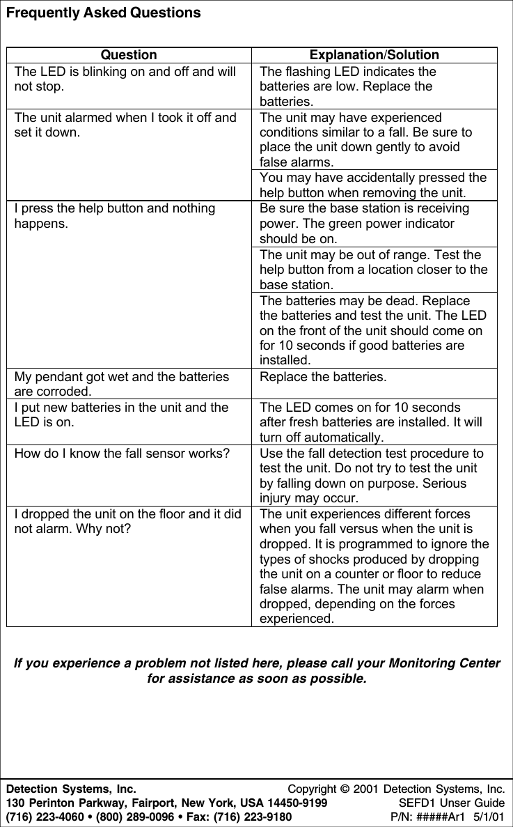 Detection Systems, Inc. Copyright © 2001 Detection Systems, Inc.130 Perinton Parkway, Fairport, New York, USA 14450-9199 SEFD1 Unser Guide(716) 223-4060 • (800) 289-0096 • Fax: (716) 223-9180  P/N: #####Ar1  5/1/01Frequently Asked QuestionsQuestion Explanation/SolutionThe LED is blinking on and off and willnot stop.The flashing LED indicates thebatteries are low. Replace thebatteries.The unit may have experiencedconditions similar to a fall. Be sure toplace the unit down gently to avoidfalse alarms.The unit alarmed when I took it off andset it down.You may have accidentally pressed thehelp button when removing the unit.Be sure the base station is receivingpower. The green power indicatorshould be on.The unit may be out of range. Test thehelp button from a location closer to thebase station.I press the help button and nothinghappens.The batteries may be dead. Replacethe batteries and test the unit. The LEDon the front of the unit should come onfor 10 seconds if good batteries areinstalled.My pendant got wet and the batteriesare corroded.Replace the batteries.I put new batteries in the unit and theLED is on.The LED comes on for 10 secondsafter fresh batteries are installed. It willturn off automatically.How do I know the fall sensor works? Use the fall detection test procedure totest the unit. Do not try to test the unitby falling down on purpose. Seriousinjury may occur.I dropped the unit on the floor and it didnot alarm. Why not?The unit experiences different forceswhen you fall versus when the unit isdropped. It is programmed to ignore thetypes of shocks produced by droppingthe unit on a counter or floor to reducefalse alarms. The unit may alarm whendropped, depending on the forcesexperienced.If you experience a problem not listed here, please call your Monitoring Centerfor assistance as soon as possible.