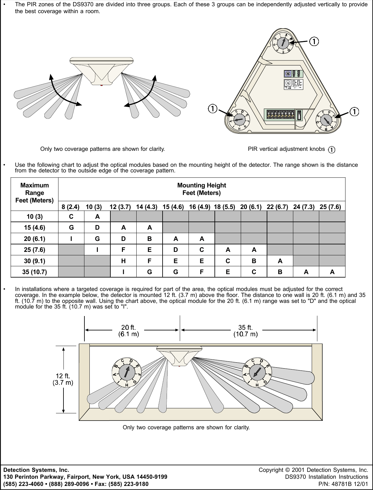 Detection Systems, Inc. Copyright © 2001 Detection Systems, Inc.130 Perinton Parkway, Fairport, New York, USA 14450-9199 DS9370 Installation Instructions(585) 223-4060 • (888) 289-0096 • Fax: (585) 223-9180 P/N: 48781B 12/01•The PIR zones of the DS9370 are divided into three groups. Each of these 3 groups can be independently adjusted vertically to providethe best coverage within a room.           -+NOC NC T T MMAX PIR SignalGain              Only two coverage patterns are shown for clarity. PIR vertical adjustment knobs •Use the following chart to adjust the optical modules based on the mounting height of the detector. The range shown is the distancefrom the detector to the outside edge of the coverage pattern.Mounting HeightFeet (Meters)MaximumRangeFeet (Meters) 8 (2.4)  10 (3)   12 (3.7)   14 (4.3)   15 (4.6)   16 (4.9)  18 (5.5)   20 (6.1)   22 (6.7)   24 (7.3)   25 (7.6)10 (3) C A15 (4.6) GD A A20 (6.1) IGD B A A25 (7.6) IFED C A A30 (9.1) HFE E C B A35 (10.7) IG G FECBAA•In installations where a targeted coverage is required for part of the area, the optical modules must be adjusted for the correctcoverage. In the example below, the detector is mounted 12 ft. (3.7 m) above the floor. The distance to one wall is 20 ft. (6.1 m) and 35ft. (10.7 m) to the opposite wall. Using the chart above, the optical module for the 20 ft. (6.1 m) range was set to &quot;D&quot; and the opticalmodule for the 35 ft. (10.7 m) was set to &quot;I&quot;.Only two coverage patterns are shown for clarity.