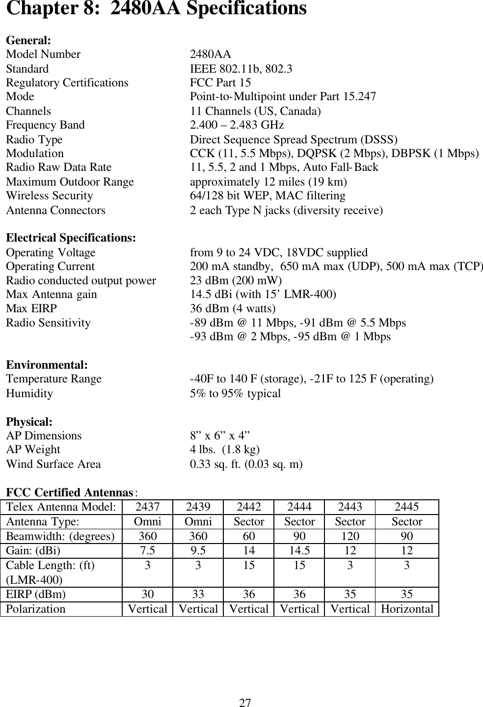  27Chapter 8:  2480AA Specifications  General: Model Number   2480AA Standard    IEEE 802.11b, 802.3 Regulatory Certifications    FCC Part 15 Mode     Point-to-Multipoint under Part 15.247 Channels    11 Channels (US, Canada) Frequency Band      2.400 – 2.483 GHz Radio Type    Direct Sequence Spread Spectrum (DSSS) Modulation    CCK (11, 5.5 Mbps), DQPSK (2 Mbps), DBPSK (1 Mbps) Radio Raw Data Rate   11, 5.5, 2 and 1 Mbps, Auto Fall-Back Maximum Outdoor Range    approximately 12 miles (19 km) Wireless Security   64/128 bit WEP, MAC filtering Antenna Connectors   2 each Type N jacks (diversity receive)  Electrical Specifications: Operating Voltage   from 9 to 24 VDC, 18VDC supplied Operating Current   200 mA standby,  650 mA max (UDP), 500 mA max (TCP) Radio conducted output power 23 dBm (200 mW) Max Antenna gain   14.5 dBi (with 15’ LMR-400) Max EIRP    36 dBm (4 watts) Radio Sensitivity   -89 dBm @ 11 Mbps, -91 dBm @ 5.5 Mbps      -93 dBm @ 2 Mbps, -95 dBm @ 1 Mbps  Environmental: Temperature Range   -40F to 140 F (storage), -21F to 125 F (operating) Humidity    5% to 95% typical  Physical: AP Dimensions   8” x 6” x 4” AP Weight    4 lbs.  (1.8 kg) Wind Surface Area   0.33 sq. ft. (0.03 sq. m)  FCC Certified Antennas: Telex Antenna Model: 2437  2439  2442  2444  2443  2445 Antenna Type: Omni Omni Sector Sector Sector Sector Beamwidth: (degrees)  360  360  60  90  120  90 Gain: (dBi)  7.5  9.5  14  14.5  12  12 Cable Length: (ft) (LMR-400) 3  3  15  15  3  3 EIRP (dBm)  30  33  36  36  35  35 Polarization Vertical Vertical Vertical Vertical Vertical Horizontal    