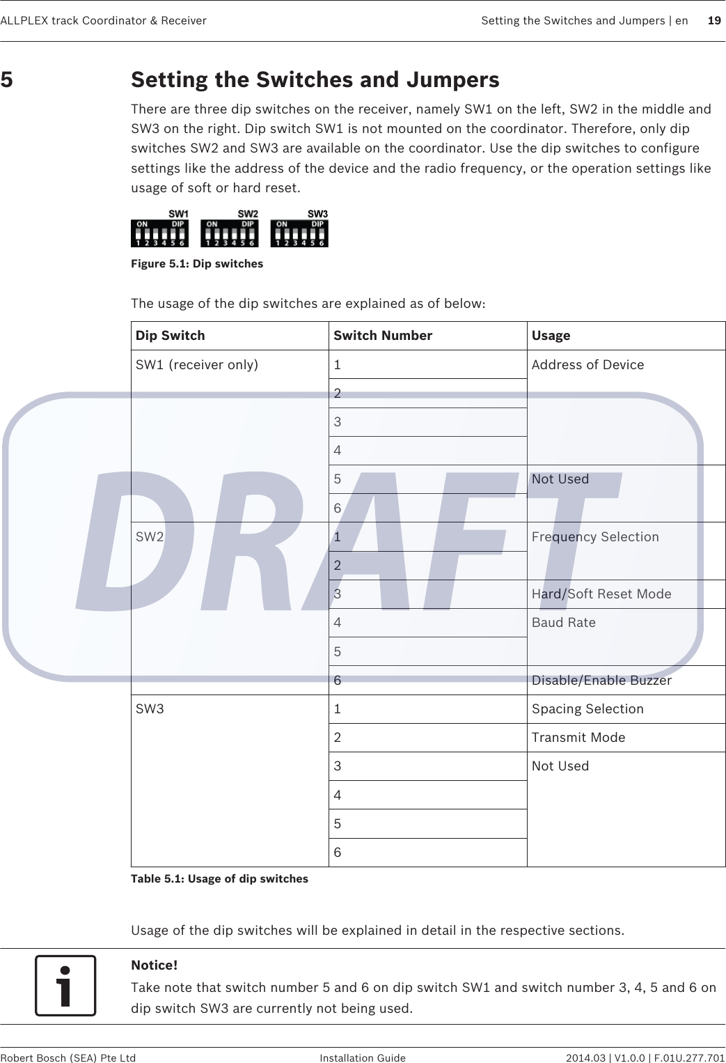 Setting the Switches and JumpersThere are three dip switches on the receiver, namely SW1 on the left, SW2 in the middle andSW3 on the right. Dip switch SW1 is not mounted on the coordinator. Therefore, only dipswitches SW2 and SW3 are available on the coordinator. Use the dip switches to configuresettings like the address of the device and the radio frequency, or the operation settings likeusage of soft or hard reset.Figure 5.1: Dip switches The usage of the dip switches are explained as of below:Dip Switch Switch Number UsageSW1 (receiver only) 1 Address of Device2345 Not Used6SW2 1 Frequency Selection23 Hard/Soft Reset Mode4 Baud Rate56 Disable/Enable BuzzerSW3 1 Spacing Selection2 Transmit Mode3 Not Used456Table 5.1: Usage of dip switches Usage of the dip switches will be explained in detail in the respective sections.Notice!Take note that switch number 5 and 6 on dip switch SW1 and switch number 3, 4, 5 and 6 ondip switch SW3 are currently not being used.5ALLPLEX track Coordinator &amp; Receiver Setting the Switches and Jumpers | en 19Robert Bosch (SEA) Pte Ltd Installation Guide 2014.03 | V1.0.0 | F.01U.277.701