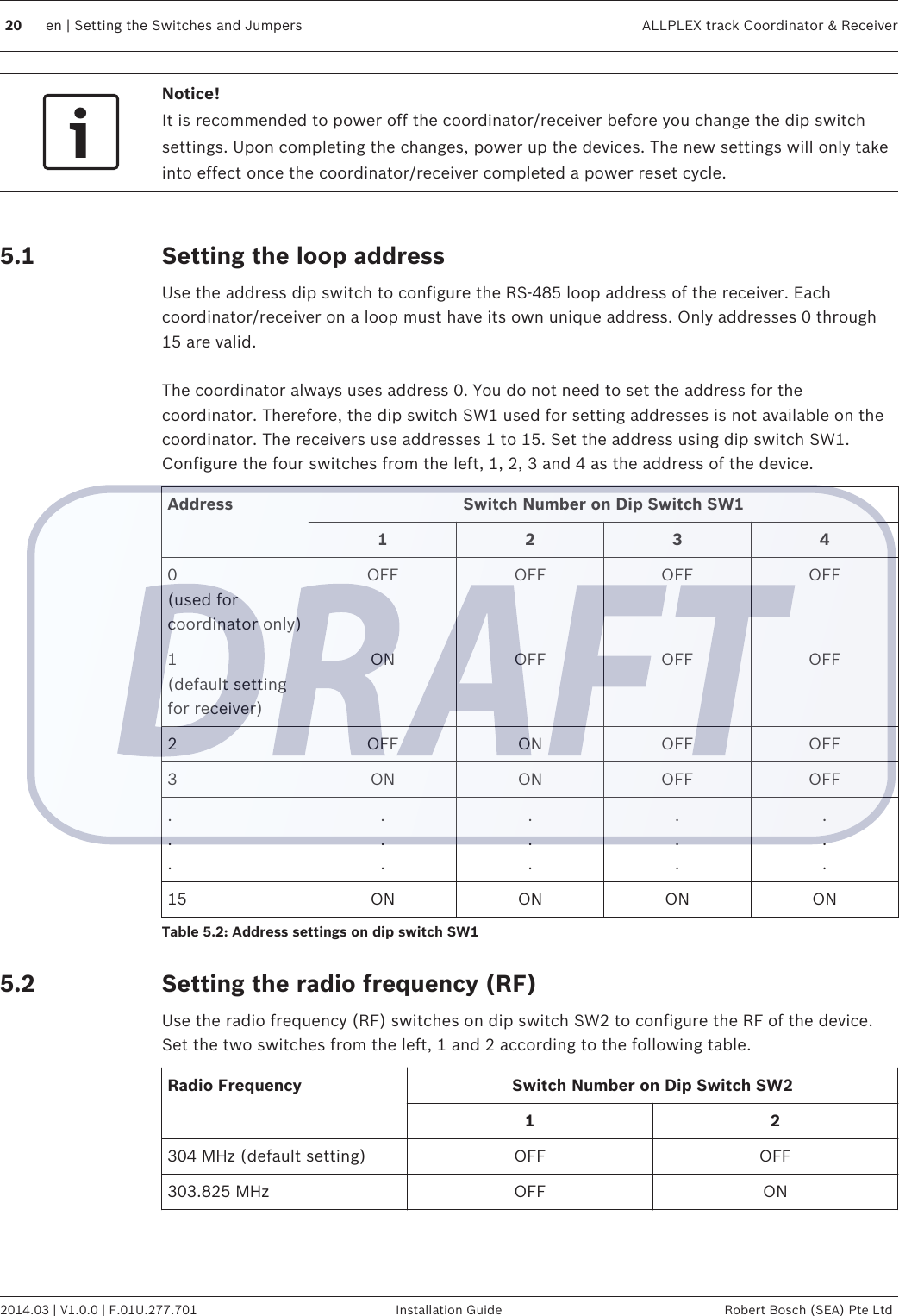 Notice!It is recommended to power off the coordinator/receiver before you change the dip switchsettings. Upon completing the changes, power up the devices. The new settings will only takeinto effect once the coordinator/receiver completed a power reset cycle. Setting the loop addressUse the address dip switch to configure the RS-485 loop address of the receiver. Eachcoordinator/receiver on a loop must have its own unique address. Only addresses 0 through15 are valid. The coordinator always uses address 0. You do not need to set the address for thecoordinator. Therefore, the dip switch SW1 used for setting addresses is not available on thecoordinator. The receivers use addresses 1 to 15. Set the address using dip switch SW1.Configure the four switches from the left, 1, 2, 3 and 4 as the address of the device.Address Switch Number on Dip Switch SW11 2 3 40(used forcoordinator only)OFF OFF OFF OFF1(default settingfor receiver)ON OFF OFF OFF2 OFF ON OFF OFF3 ON ON OFF OFF...............15 ON ON ON ONTable 5.2: Address settings on dip switch SW1Setting the radio frequency (RF)Use the radio frequency (RF) switches on dip switch SW2 to configure the RF of the device.Set the two switches from the left, 1 and 2 according to the following table.Radio Frequency Switch Number on Dip Switch SW21 2304 MHz (default setting) OFF OFF303.825 MHz OFF ON 5.15.220 en | Setting the Switches and Jumpers ALLPLEX track Coordinator &amp; Receiver2014.03 | V1.0.0 | F.01U.277.701 Installation Guide Robert Bosch (SEA) Pte Ltd