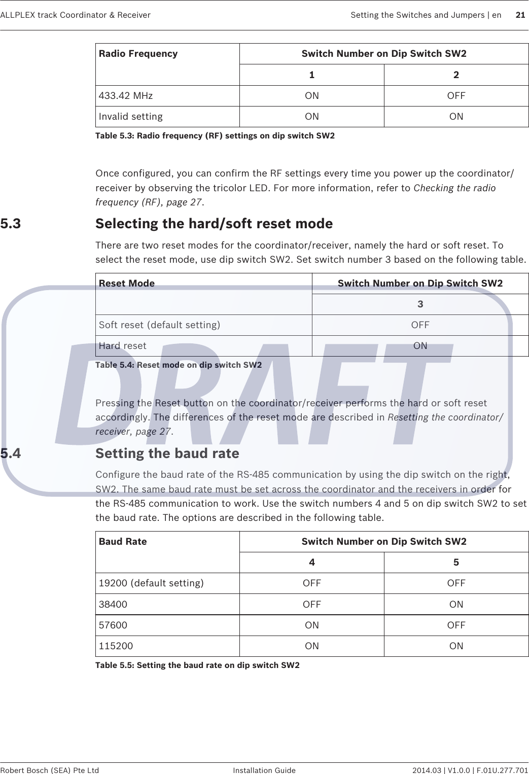 Radio Frequency Switch Number on Dip Switch SW21 2433.42 MHz ON OFFInvalid setting ON ONTable 5.3: Radio frequency (RF) settings on dip switch SW2 Once configured, you can confirm the RF settings every time you power up the coordinator/receiver by observing the tricolor LED. For more information, refer to Checking the radiofrequency (RF), page 27.Selecting the hard/soft reset modeThere are two reset modes for the coordinator/receiver, namely the hard or soft reset. Toselect the reset mode, use dip switch SW2. Set switch number 3 based on the following table.Reset Mode Switch Number on Dip Switch SW23Soft reset (default setting) OFFHard reset ONTable 5.4: Reset mode on dip switch SW2 Pressing the Reset button on the coordinator/receiver performs the hard or soft resetaccordingly. The differences of the reset mode are described in Resetting the coordinator/receiver, page 27.Setting the baud rateConfigure the baud rate of the RS-485 communication by using the dip switch on the right,SW2. The same baud rate must be set across the coordinator and the receivers in order forthe RS-485 communication to work. Use the switch numbers 4 and 5 on dip switch SW2 to setthe baud rate. The options are described in the following table.Baud Rate Switch Number on Dip Switch SW24 519200 (default setting) OFF OFF38400 OFF ON57600 ON OFF115200 ON ONTable 5.5: Setting the baud rate on dip switch SW25.35.4ALLPLEX track Coordinator &amp; Receiver Setting the Switches and Jumpers | en 21Robert Bosch (SEA) Pte Ltd Installation Guide 2014.03 | V1.0.0 | F.01U.277.701