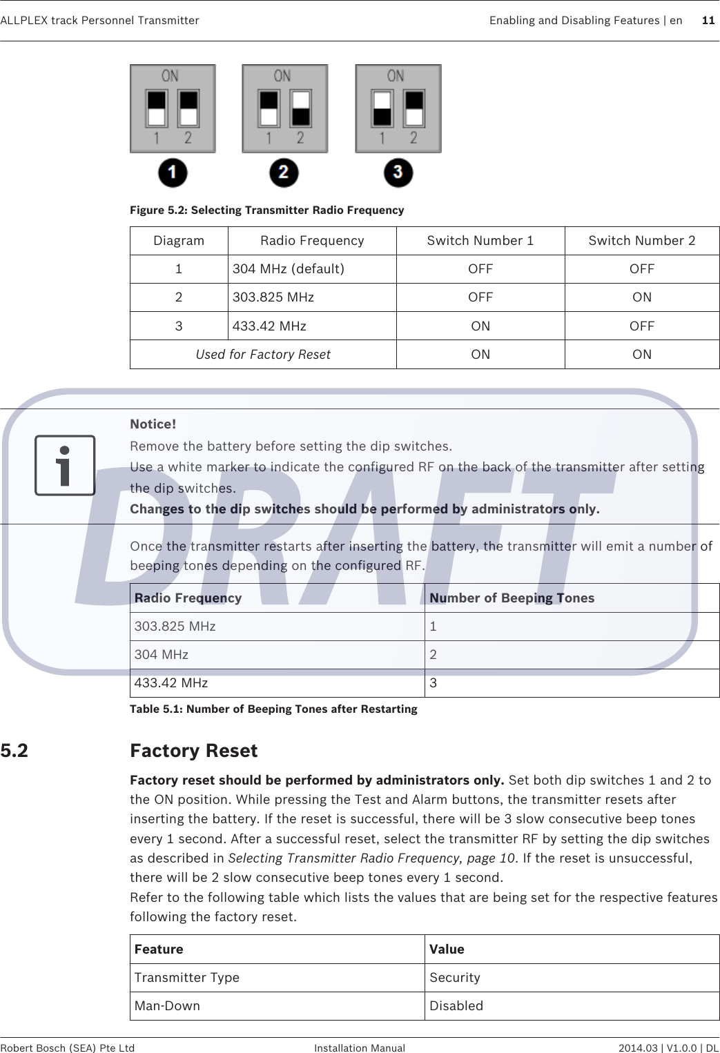 Figure 5.2: Selecting Transmitter Radio FrequencyDiagram Radio Frequency Switch Number 1 Switch Number 21 304 MHz (default) OFF OFF2 303.825 MHz OFF ON3 433.42 MHz ON OFFUsed for Factory Reset ON ON Notice!Remove the battery before setting the dip switches.Use a white marker to indicate the configured RF on the back of the transmitter after settingthe dip switches.Changes to the dip switches should be performed by administrators only.Once the transmitter restarts after inserting the battery, the transmitter will emit a number ofbeeping tones depending on the configured RF.Radio Frequency Number of Beeping Tones303.825 MHz 1304 MHz 2433.42 MHz 3Table 5.1: Number of Beeping Tones after RestartingFactory ResetFactory reset should be performed by administrators only. Set both dip switches 1 and 2 tothe ON position. While pressing the Test and Alarm buttons, the transmitter resets afterinserting the battery. If the reset is successful, there will be 3 slow consecutive beep tonesevery 1 second. After a successful reset, select the transmitter RF by setting the dip switchesas described in Selecting Transmitter Radio Frequency, page 10. If the reset is unsuccessful,there will be 2 slow consecutive beep tones every 1 second.Refer to the following table which lists the values that are being set for the respective featuresfollowing the factory reset.Feature ValueTransmitter Type SecurityMan-Down Disabled 5.2ALLPLEX track Personnel Transmitter Enabling and Disabling Features | en 11Robert Bosch (SEA) Pte Ltd Installation Manual 2014.03 | V1.0.0 | DL