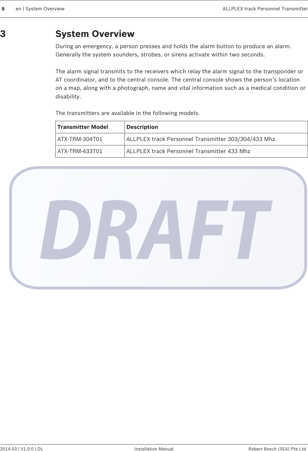 System OverviewDuring an emergency, a person presses and holds the alarm button to produce an alarm.Generally the system sounders, strobes, or sirens activate within two seconds. The alarm signal transmits to the receivers which relay the alarm signal to the transponder orAT coordinator, and to the central console. The central console shows the person’s locationon a map, along with a photograph, name and vital information such as a medical condition ordisability. The transmitters are available in the following models.Transmitter Model DescriptionATX-TRM-304T01 ALLPLEX track Personnel Transmitter 303/304/433 MhzATX-TRM-433T01 ALLPLEX track Personnel Transmitter 433 Mhz38en | System Overview ALLPLEX track Personnel Transmitter2014.03 | V1.0.0 | DL Installation Manual Robert Bosch (SEA) Pte Ltd