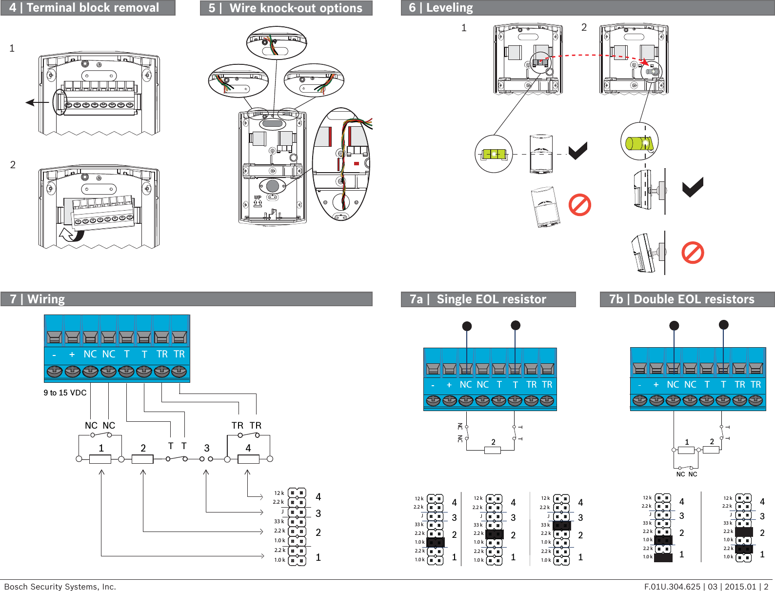 Bosch Security Systems, Inc. F.01U.304.625 | 03 | 2015.01 | 2123412 k2.2 k1.0 k2.2 k33 k    J2.2 k1.0 kNC    NCT      T       TR       TR      NC NC TTTRTR12 349 to 15 VDC123412 k2.2 k1.0 k2.2 k33 k  J2.2 k1.0 k123412 k2.2 k1.0 k2.2 k33 k  J2.2 k1.0 kNC NC TTTRTRTT21NC    NCTT2NC NC TTTRTR123412 k2.2 k1.0 k2.2 k33 k  J2.2 k1.0 k123412 k2.2 k1.0 k2.2 k33 k  J2.2 k1.0 k123412 k2.2 k1.0 k2.2 k33 k  J2.2 k1.0 kNCNC7b | Double EOL resistors7a |  Single EOL resistor7 | Wiring6 | Leveling5 |  Wire knock-out options124 | Terminal block removal12