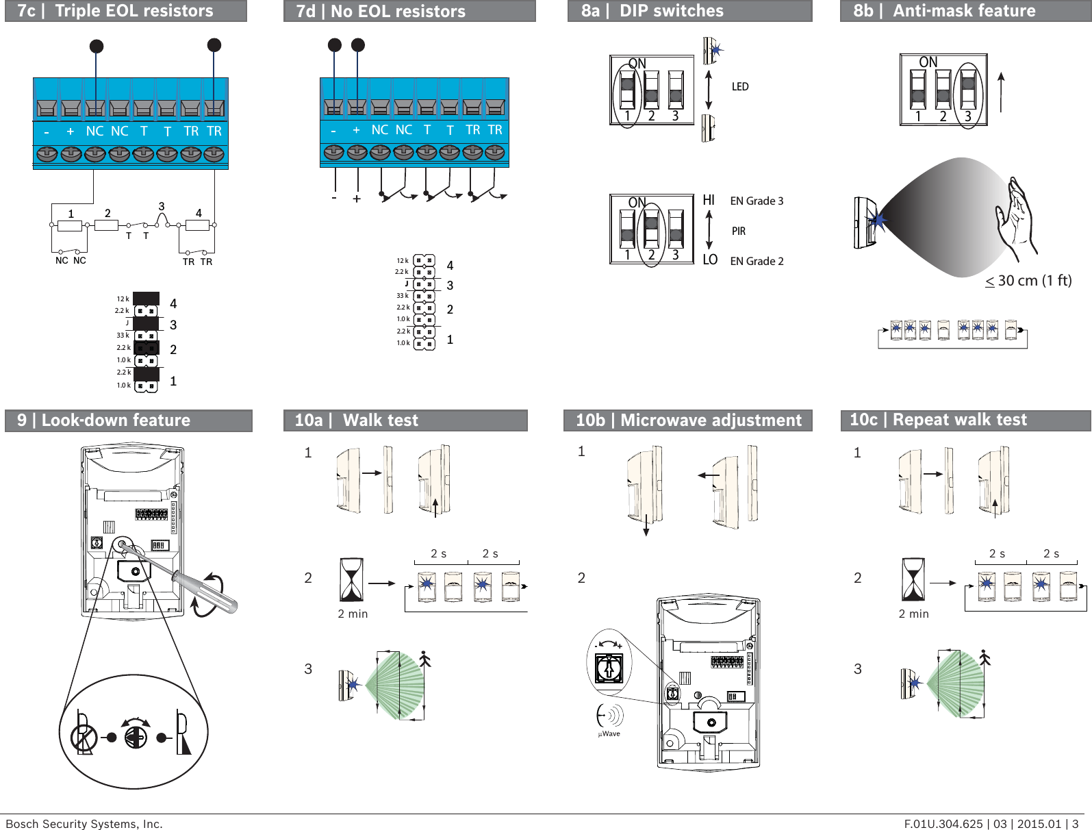 Bosch Security Systems, Inc. F.01U.304.625 | 03 | 2015.01 | 3123412 k2.2 k1.0 k2.2 k33 k  J2.2 k1.0 kNC NC TTTRTR21NC    NCT    T    3TR    TR47c |  Triple EOL resistorsNC NC TTTRTR123412 k2.2 k1.0 k2.2 k33 k  J  J2.2 k1.0 k1      2      3ON&lt; 30 cm (1 ft)HILOLEDEN Grade 21      2      3ONEN Grade 31      2      3ONPIR9 | Look-down feature8a |  DIP switches7d | No EOL resistors 10b | Microwave adjustment  10c | Repeat walk test10a |  Walk test8b |  Anti-mask feature2 min2 s 2 s2 min2 s 2 s13212132