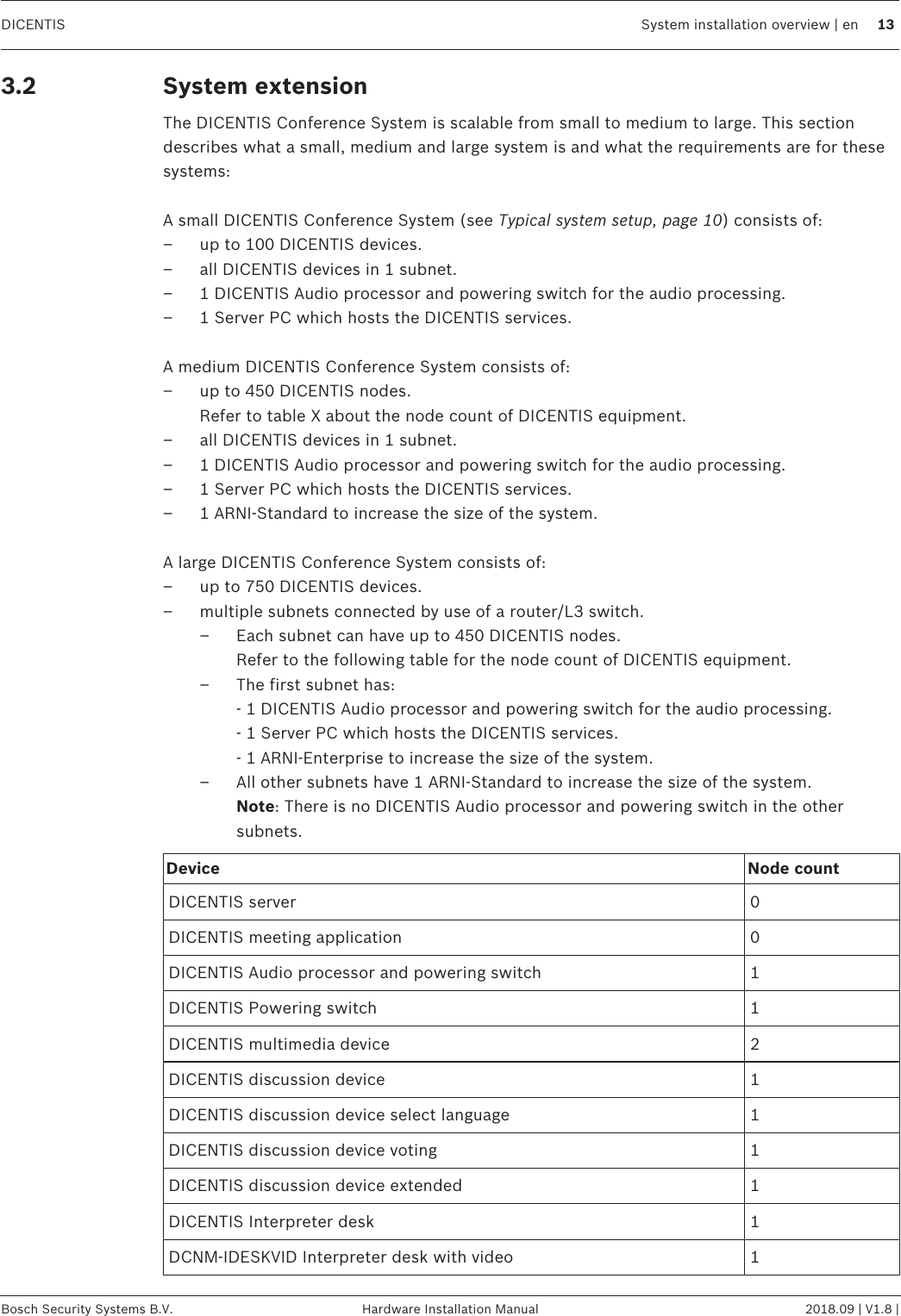 DICENTIS System installation overview | en 13Bosch Security Systems B.V. Hardware Installation Manual 2018.09 | V1.8 |3.2 System extensionThe DICENTIS Conference System is scalable from small to medium to large. This sectiondescribes what a small, medium and large system is and what the requirements are for thesesystems:A small DICENTIS Conference System (see Typical system setup, page 10) consists of:– up to 100 DICENTIS devices.– all DICENTIS devices in 1 subnet.– 1 DICENTIS Audio processor and powering switch for the audio processing.– 1 Server PC which hosts the DICENTIS services.A medium DICENTIS Conference System consists of:– up to 450 DICENTIS nodes.Refer to table X about the node count of DICENTIS equipment.– all DICENTIS devices in 1 subnet.– 1 DICENTIS Audio processor and powering switch for the audio processing.– 1 Server PC which hosts the DICENTIS services.– 1 ARNI-Standard to increase the size of the system.A large DICENTIS Conference System consists of:– up to 750 DICENTIS devices.– multiple subnets connected by use of a router/L3 switch.– Each subnet can have up to 450 DICENTIS nodes.Refer to the following table for the node count of DICENTIS equipment.– The first subnet has:- 1 DICENTIS Audio processor and powering switch for the audio processing.- 1 Server PC which hosts the DICENTIS services.- 1 ARNI-Enterprise to increase the size of the system.– All other subnets have 1 ARNI-Standard to increase the size of the system.Note: There is no DICENTIS Audio processor and powering switch in the othersubnets.Device Node countDICENTIS server 0DICENTIS meeting application 0DICENTIS Audio processor and powering switch 1DICENTIS Powering switch 1DICENTIS multimedia device 2DICENTIS discussion device 1DICENTIS discussion device select language 1DICENTIS discussion device voting 1DICENTIS discussion device extended 1DICENTIS Interpreter desk 1DCNM-IDESKVID Interpreter desk with video 1