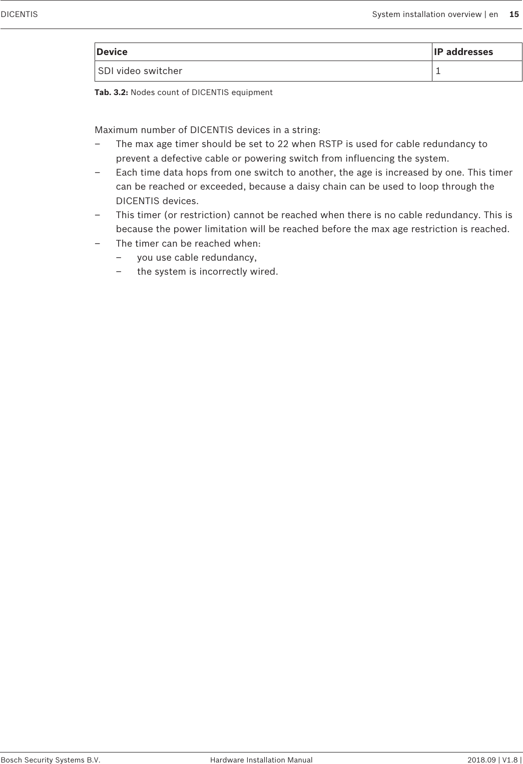 DICENTIS System installation overview | en 15Bosch Security Systems B.V. Hardware Installation Manual 2018.09 | V1.8 |Device IP addressesSDI video switcher 1Tab.3.2: Nodes count of DICENTIS equipmentMaximum number of DICENTIS devices in a string:– The max age timer should be set to 22 when RSTP is used for cable redundancy toprevent a defective cable or powering switch from influencing the system.– Each time data hops from one switch to another, the age is increased by one. This timercan be reached or exceeded, because a daisy chain can be used to loop through theDICENTIS devices.– This timer (or restriction) cannot be reached when there is no cable redundancy. This isbecause the power limitation will be reached before the max age restriction is reached.– The timer can be reached when:– you use cable redundancy,– the system is incorrectly wired.