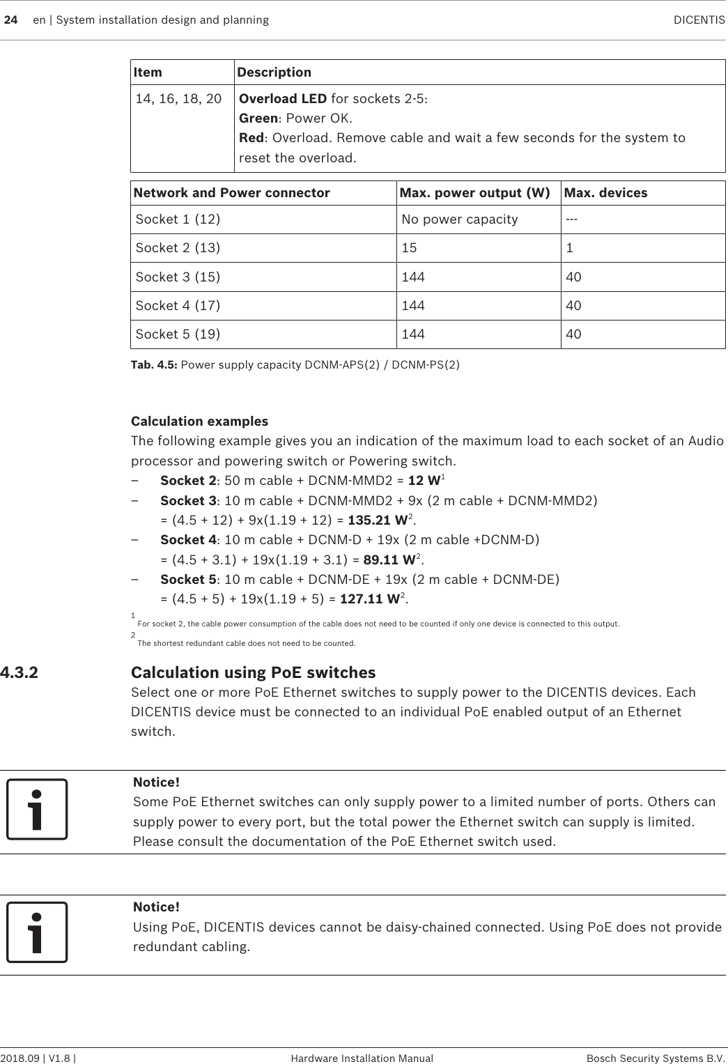 24 en | System installation design and planning DICENTIS2018.09 | V1.8 | Hardware Installation Manual Bosch Security Systems B.V.Item Description14, 16, 18, 20 Overload LED for sockets 2‑5:Green: Power OK.Red: Overload. Remove cable and wait a few seconds for the system toreset the overload.Network and Power connector Max. power output (W) Max. devicesSocket 1 (12) No power capacity ---Socket 2 (13) 15 1Socket 3 (15) 144 40Socket 4 (17) 144 40Socket 5 (19) 144 40Tab.4.5: Power supply capacity DCNM‑APS(2) / DCNM‑PS(2)Calculation examplesThe following example gives you an indication of the maximum load to each socket of an Audioprocessor and powering switch or Powering switch.–Socket 2: 50m cable + DCNM-MMD2 = 12W1–Socket 3: 10m cable + DCNM-MMD2 + 9x (2m cable + DCNM-MMD2)= (4.5 + 12) + 9x(1.19 + 12) = 135.21W2.–Socket 4: 10m cable + DCNM-D + 19x (2m cable +DCNM-D)= (4.5 + 3.1) + 19x(1.19 + 3.1) = 89.11W2.–Socket 5: 10m cable + DCNM-DE + 19x (2m cable + DCNM-DE) = (4.5 + 5) + 19x(1.19 + 5) = 127.11W2.1 For socket 2, the cable power consumption of the cable does not need to be counted if only one device is connected to this output.2 The shortest redundant cable does not need to be counted.4.3.2 Calculation using PoE switchesSelect one or more PoE Ethernet switches to supply power to the DICENTIS devices. EachDICENTIS device must be connected to an individual PoE enabled output of an Ethernetswitch.Notice!Some PoE Ethernet switches can only supply power to a limited number of ports. Others cansupply power to every port, but the total power the Ethernet switch can supply is limited.Please consult the documentation of the PoE Ethernet switch used.Notice!Using PoE, DICENTIS devices cannot be daisy‑chained connected. Using PoE does not provideredundant cabling.