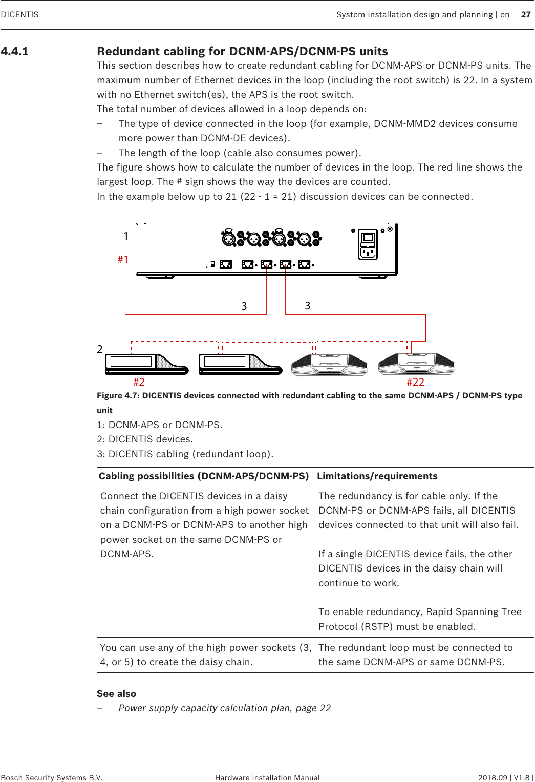 DICENTIS System installation design and planning | en 27Bosch Security Systems B.V. Hardware Installation Manual 2018.09 | V1.8 |4.4.1 Redundant cabling for DCNM‑APS/DCNM‑PS unitsThis section describes how to create redundant cabling for DCNM-APS or DCNM-PS units. Themaximum number of Ethernet devices in the loop (including the root switch) is 22. In a systemwith no Ethernet switch(es), the APS is the root switch.The total number of devices allowed in a loop depends on:– The type of device connected in the loop (for example, DCNM-MMD2 devices consumemore power than DCNM-DE devices).– The length of the loop (cable also consumes power).The figure shows how to calculate the number of devices in the loop. The red line shows thelargest loop. The # sign shows the way the devices are counted.In the example below up to 21 (22 - 1 = 21) discussion devices can be connected.1233#1#2 #22Figure4.7: DICENTIS devices connected with redundant cabling to the same DCNM-APS / DCNM-PS typeunit1: DCNM-APS or DCNM-PS.2: DICENTIS devices.3: DICENTIS cabling (redundant loop).Cabling possibilities (DCNM‑APS/DCNM‑PS) Limitations/requirementsConnect the DICENTIS devices in a daisychain configuration from a high power socketon a DCNM-PS or DCNM-APS to another highpower socket on the same DCNM-PS orDCNM-APS.The redundancy is for cable only. If theDCNM-PS or DCNM-APS fails, all DICENTISdevices connected to that unit will also fail.If a single DICENTIS device fails, the otherDICENTIS devices in the daisy chain willcontinue to work.To enable redundancy, Rapid Spanning TreeProtocol (RSTP) must be enabled.You can use any of the high power sockets (3,4, or 5) to create the daisy chain.The redundant loop must be connected tothe same DCNM-APS or same DCNM-PS.See also– Power supply capacity calculation plan, page 22