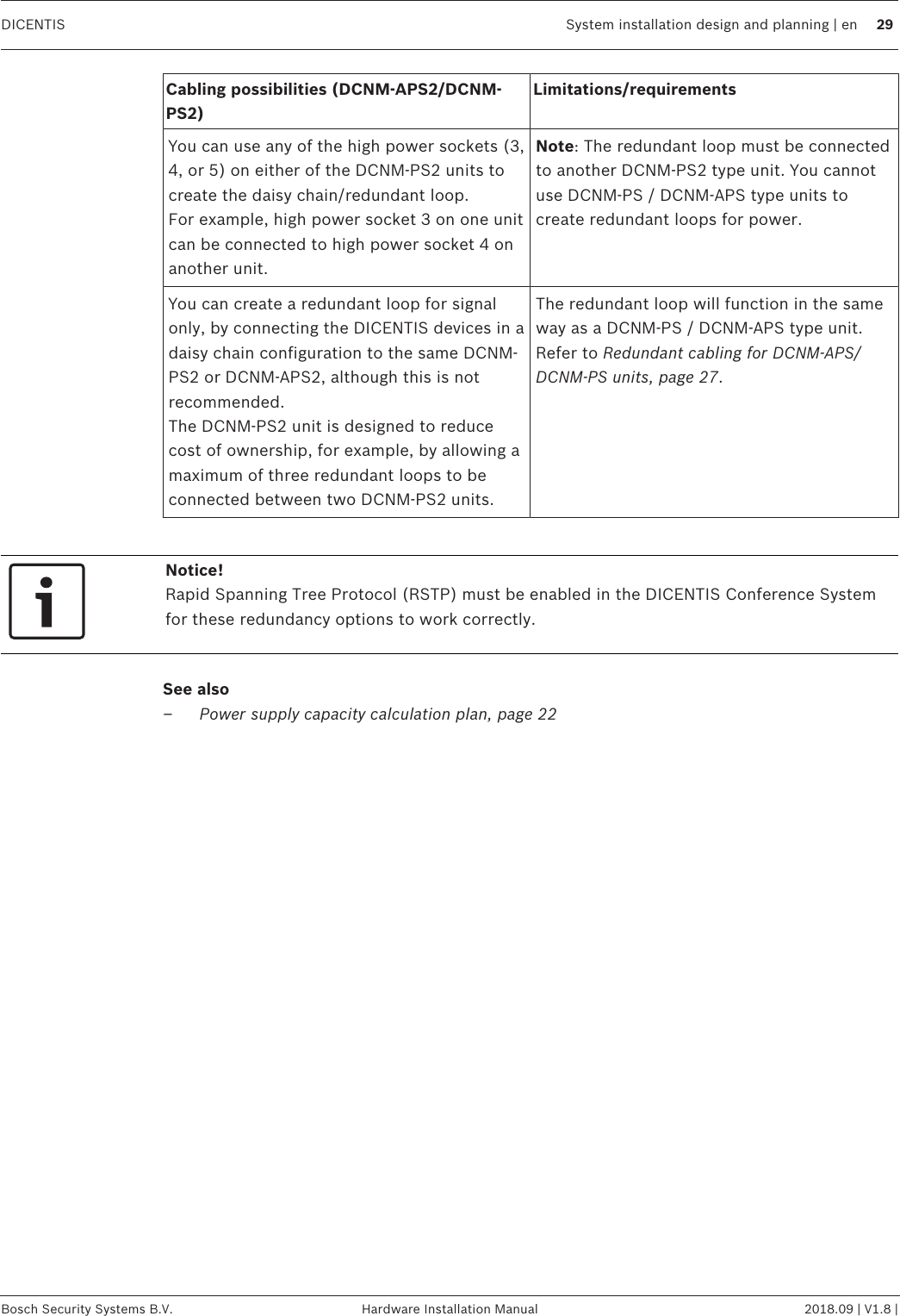 DICENTIS System installation design and planning | en 29Bosch Security Systems B.V. Hardware Installation Manual 2018.09 | V1.8 |Cabling possibilities (DCNM-APS2/DCNM-PS2)Limitations/requirementsYou can use any of the high power sockets (3,4, or 5) on either of the DCNM-PS2 units tocreate the daisy chain/redundant loop.For example, high power socket 3 on one unitcan be connected to high power socket 4 onanother unit.Note: The redundant loop must be connectedto another DCNM-PS2 type unit. You cannotuse DCNM-PS / DCNM-APS type units tocreate redundant loops for power.You can create a redundant loop for signalonly, by connecting the DICENTIS devices in adaisy chain configuration to the same DCNM-PS2 or DCNM-APS2, although this is notrecommended.The DCNM-PS2 unit is designed to reducecost of ownership, for example, by allowing amaximum of three redundant loops to beconnected between two DCNM-PS2 units.The redundant loop will function in the sameway as a DCNM-PS / DCNM-APS type unit.Refer to Redundant cabling for DCNM‑APS/DCNM‑PS units, page 27.Notice!Rapid Spanning Tree Protocol (RSTP) must be enabled in the DICENTIS Conference Systemfor these redundancy options to work correctly.See also– Power supply capacity calculation plan, page 22