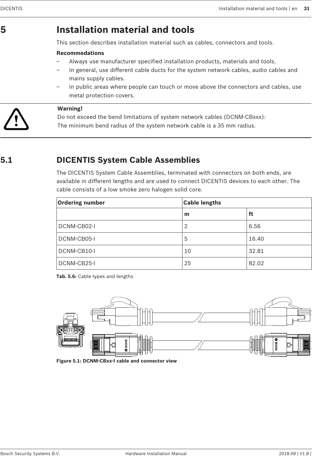 DICENTIS Installation material and tools | en 31Bosch Security Systems B.V. Hardware Installation Manual 2018.09 | V1.8 |5 Installation material and toolsThis section describes installation material such as cables, connectors and tools.Recommedations– Always use manufacturer specified installation products, materials and tools.– In general, use different cable ducts for the system network cables, audio cables andmains supply cables.– In public areas where people can touch or move above the connectors and cables, usemetal protection covers.!Warning!Do not exceed the bend limitations of system network cables (DCNM‑CBxxx):The minimum bend radius of the system network cable is a 35mm radius.5.1 DICENTIS System Cable AssembliesThe DICENTIS System Cable Assemblies, terminated with connectors on both ends, areavailable in different lengths and are used to connect DICENTIS devices to each other. Thecable consists of a low smoke zero halogen solid core.Ordering number Cable lengthsm ftDCNM-CB02-I 2 6.56DCNM-CB05-I 5 16.40DCNM-CB10-I 10 32.81DCNM-CB25-I 25 82.02Tab.5.6: Cable types and lengthsFigure5.1: DCNM-CBxx-I cable and connector view