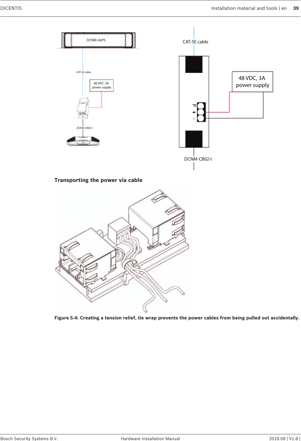 DICENTIS Installation material and tools | en 39Bosch Security Systems B.V. Hardware Installation Manual 2018.09 | V1.8 |DCNM-(A)PSCAT-5E cableDCNM-CB02-I  48 VDC, 3Apower supplyCAT-5E cableDCNM-CB02-I  48 VDC, 3Apower supplyTransporting the power via cableFigure5.4: Creating a tension relief, tie wrap prevents the power cables from being pulled out accidentally.