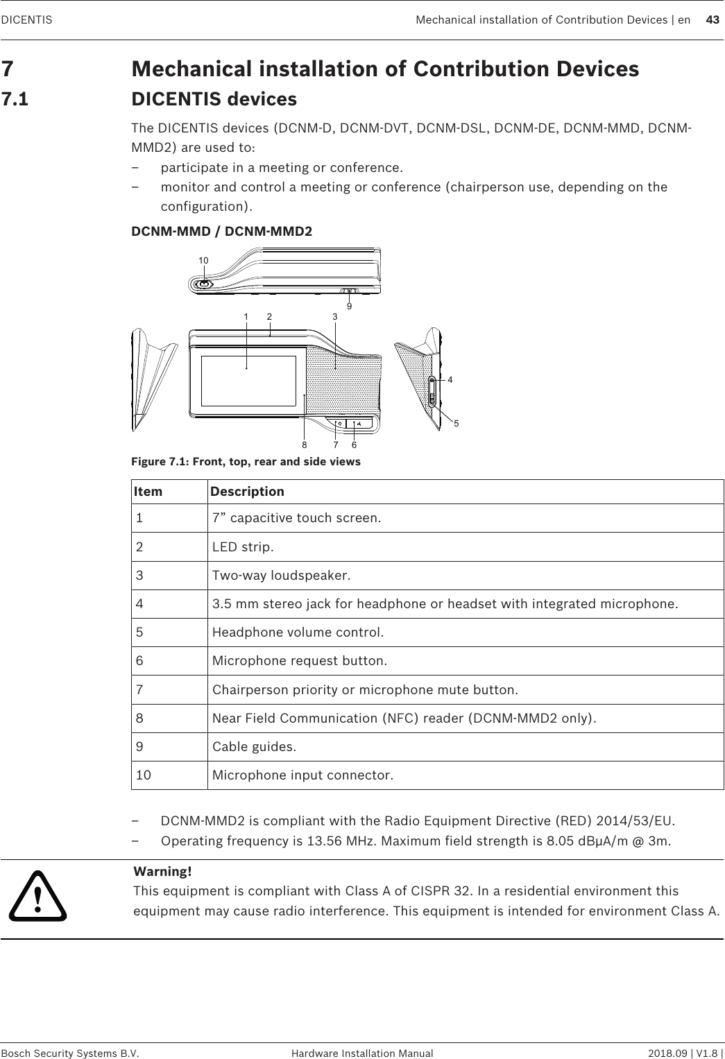 DICENTIS Mechanical installation of Contribution Devices | en 43Bosch Security Systems B.V. Hardware Installation Manual 2018.09 | V1.8 |7 Mechanical installation of Contribution Devices7.1 DICENTIS devicesThe DICENTIS devices (DCNM-D, DCNM-DVT, DCNM-DSL, DCNM-DE, DCNM-MMD, DCNM-MMD2) are used to:– participate in a meeting or conference.– monitor and control a meeting or conference (chairperson use, depending on theconfiguration).DCNM-MMD / DCNM-MMD214578 691032Figure7.1: Front, top, rear and side viewsItem Description1 7” capacitive touch screen.2 LED strip.3 Two‑way loudspeaker.4 3.5 mm stereo jack for headphone or headset with integrated microphone.5 Headphone volume control.6 Microphone request button.7 Chairperson priority or microphone mute button.8 Near Field Communication (NFC) reader (DCNM-MMD2 only).9 Cable guides.10 Microphone input connector.– DCNM-MMD2 is compliant with the Radio Equipment Directive (RED) 2014/53/EU.– Operating frequency is 13.56 MHz. Maximum field strength is 8.05 dBµA/m @ 3m.!Warning!This equipment is compliant with Class A of CISPR 32. In a residential environment thisequipment may cause radio interference. This equipment is intended for environment Class A.