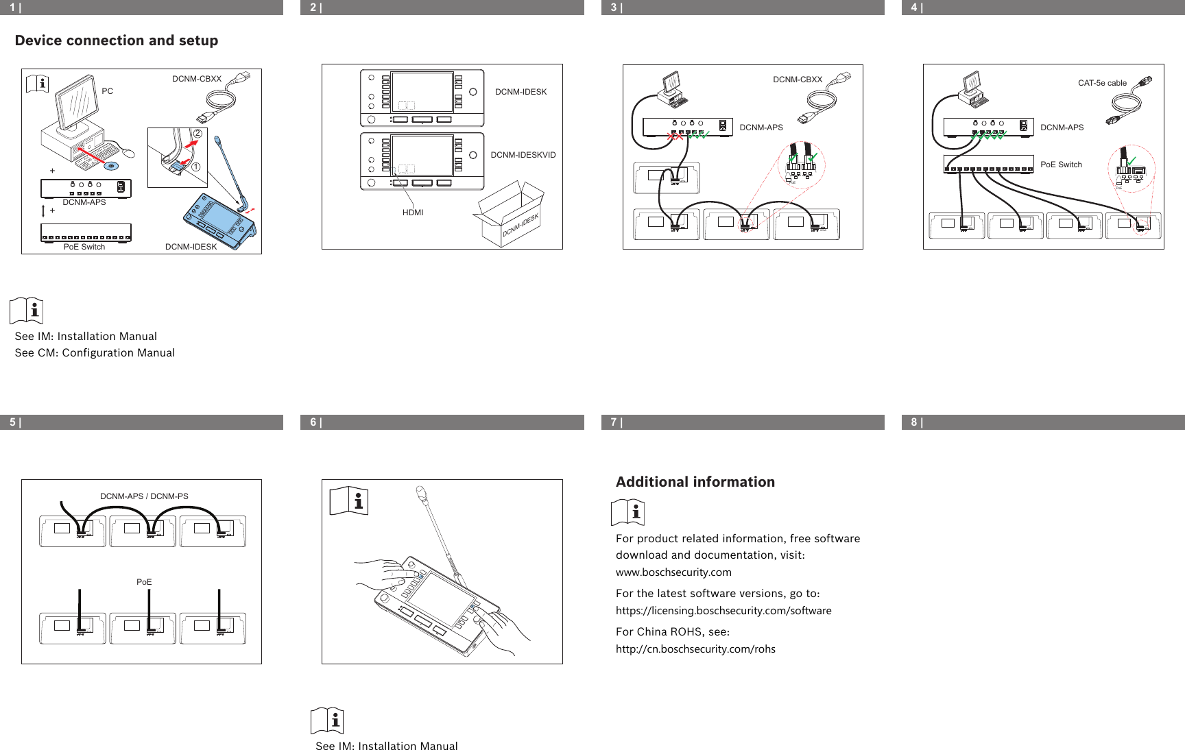Device connection and setup++DCNM-APSDCNM-CBXXDCNM-IDESKPoE SwitchPC12See IM: Installation ManualSee CM: Configuration ManualDCNM-IDESKDCNM-IDESKVIDDCNM-IDESKHDMIDCNM-APSDCNM-CBXXPoEHDMIDCNM-APSPoE SwitchCAT-5e cablePoEPoEDCNM-APS / DCNM-PSSee IM: Installation ManualAdditional informationFor product related information, free softwaredownload and documentation, visit:www.boschsecurity.comFor the latest software versions, go to:https://licensing.boschsecurity.com/softwareFor China ROHS, see:http://cn.boschsecurity.com/rohs1 | 2 | 3 | 4 |5 | 6 | 7 | 8 |