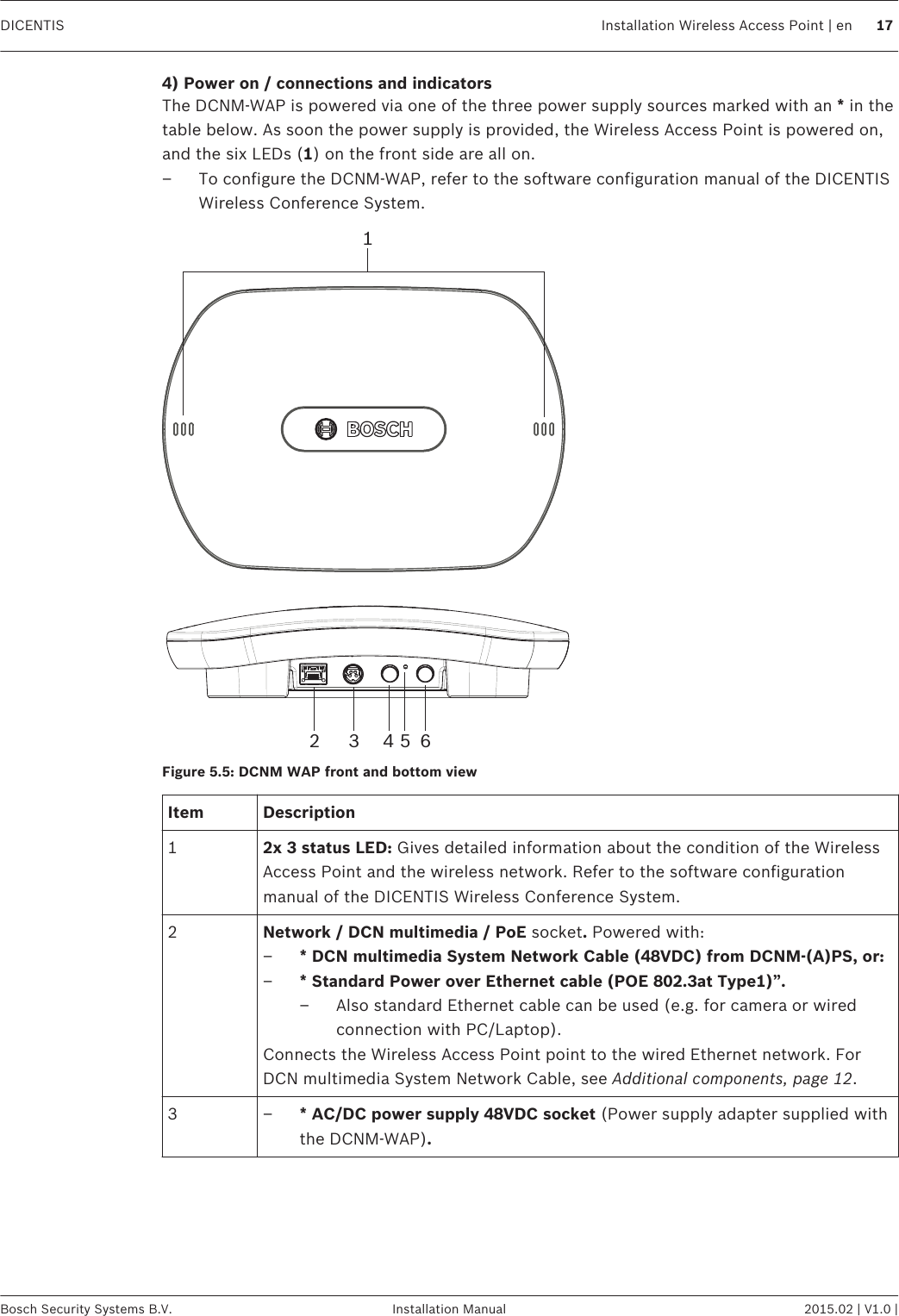 4) Power on / connections and indicatorsThe DCNM-WAP is powered via one of the three power supply sources marked with an * in thetable below. As soon the power supply is provided, the Wireless Access Point is powered on,and the six LEDs (1) on the front side are all on.– To configure the DCNM-WAP, refer to the software configuration manual of the DICENTISWireless Conference System.12 3 4 5 6Figure 5.5: DCNM WAP front and bottom viewItem Description12x 3 status LED: Gives detailed information about the condition of the WirelessAccess Point and the wireless network. Refer to the software configurationmanual of the DICENTIS Wireless Conference System.2Network / DCN multimedia / PoE socket. Powered with:–* DCN multimedia System Network Cable (48VDC) from DCNM‑(A)PS, or:–* Standard Power over Ethernet cable (POE 802.3at Type1)”.– Also standard Ethernet cable can be used (e.g. for camera or wiredconnection with PC/Laptop).Connects the Wireless Access Point point to the wired Ethernet network. ForDCN multimedia System Network Cable, see Additional components, page 12.3 – * AC/DC power supply 48VDC socket (Power supply adapter supplied withthe DCNM-WAP).DICENTIS Installation Wireless Access Point | en 17Bosch Security Systems B.V. Installation Manual 2015.02 | V1.0 |