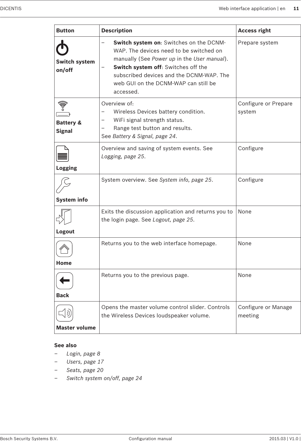 Button Description Access rightSwitch systemon/off–Switch system on: Switches on the DCNM-WAP. The devices need to be switched onmanually (See Power up in the User manual).–Switch system off: Switches off thesubscribed devices and the DCNM-WAP. Theweb GUI on the DCNM-WAP can still beaccessed.Prepare systemBattery &amp;SignalOverview of:– Wireless Devices battery condition.– WiFi signal strength status.– Range test button and results.See Battery &amp; Signal, page 24.Configure or PreparesystemLoggingOverview and saving of system events. SeeLogging, page 25.ConfigureSystem infoSystem overview. See System info, page 25. ConfigureLogoutExits the discussion application and returns you tothe login page. See Logout, page 25.NoneHomeReturns you to the web interface homepage. NoneBackReturns you to the previous page. NoneMaster volumeOpens the master volume control slider. Controlsthe Wireless Devices loudspeaker volume.Configure or ManagemeetingSee also–Login, page 8–Users, page 17–Seats, page 20–Switch system on/off, page 24 DICENTIS Web interface application | en 11Bosch Security Systems B.V. Configuration manual 2015.03 | V1.0 |