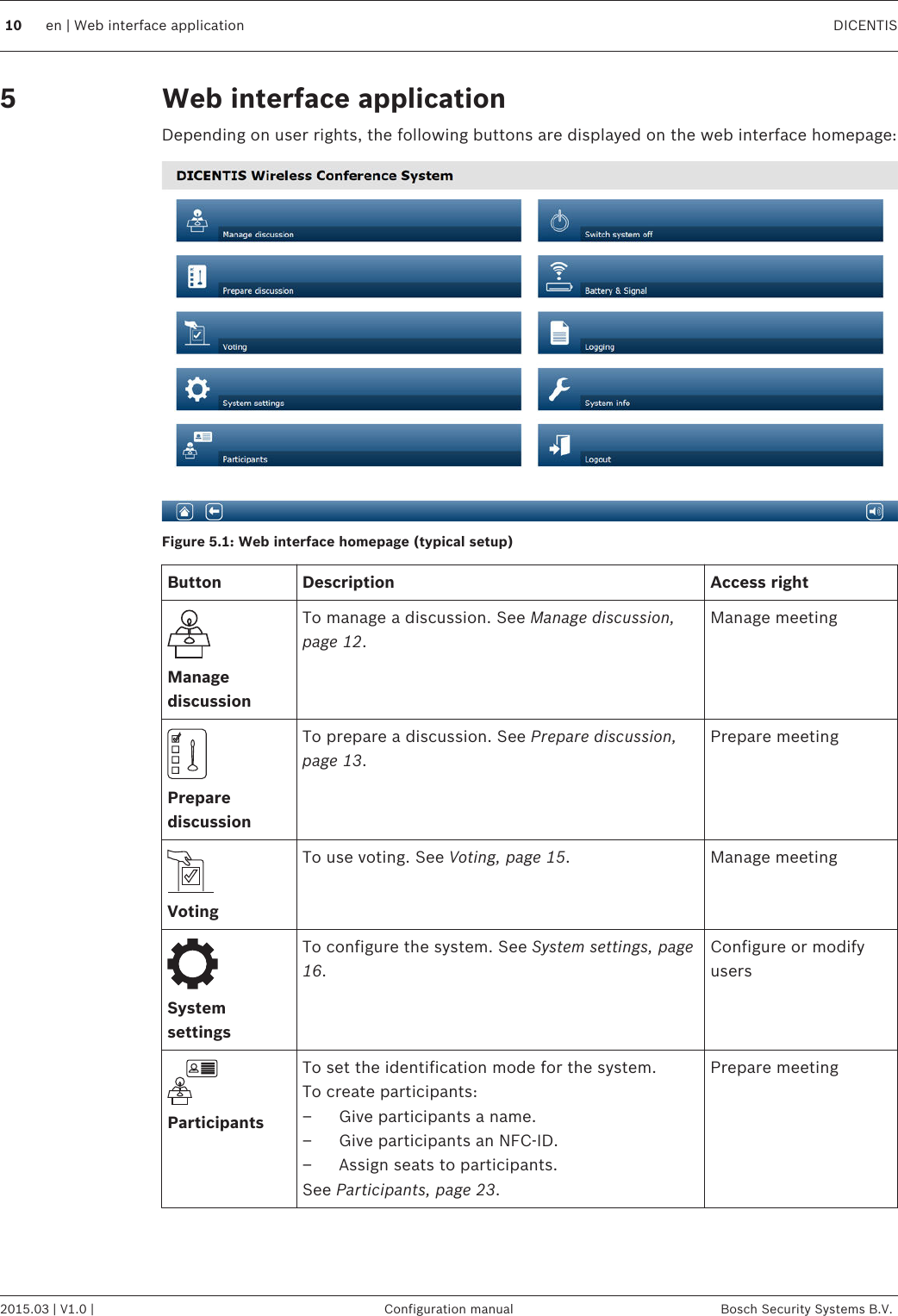 Web interface applicationDepending on user rights, the following buttons are displayed on the web interface homepage:Figure 5.1: Web interface homepage (typical setup)Button Description Access rightManagediscussionTo manage a discussion. See Manage discussion,page 12.Manage meetingPreparediscussionTo prepare a discussion. See Prepare discussion,page 13.Prepare meetingVotingTo use voting. See Voting, page 15.Manage meetingSystemsettingsTo configure the system. See System settings, page16.Configure or modifyusersParticipantsTo set the identification mode for the system.To create participants:– Give participants a name.– Give participants an NFC-ID.– Assign seats to participants.See Participants, page 23.Prepare meeting510 en | Web interface application DICENTIS2015.03 | V1.0 | Configuration manual Bosch Security Systems B.V.