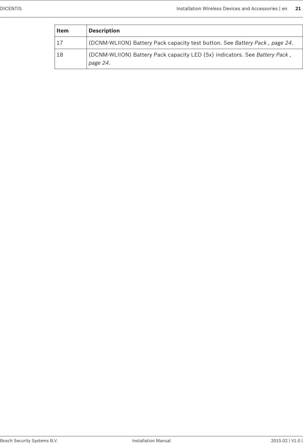 Item Description17 (DCNM-WLIION) Battery Pack capacity test button. See Battery Pack , page 24.18 (DCNM-WLIION) Battery Pack capacity LED (5x) indicators. See Battery Pack ,page 24. DICENTIS Installation Wireless Devices and Accessories | en 21Bosch Security Systems B.V. Installation Manual 2015.02 | V1.0 |