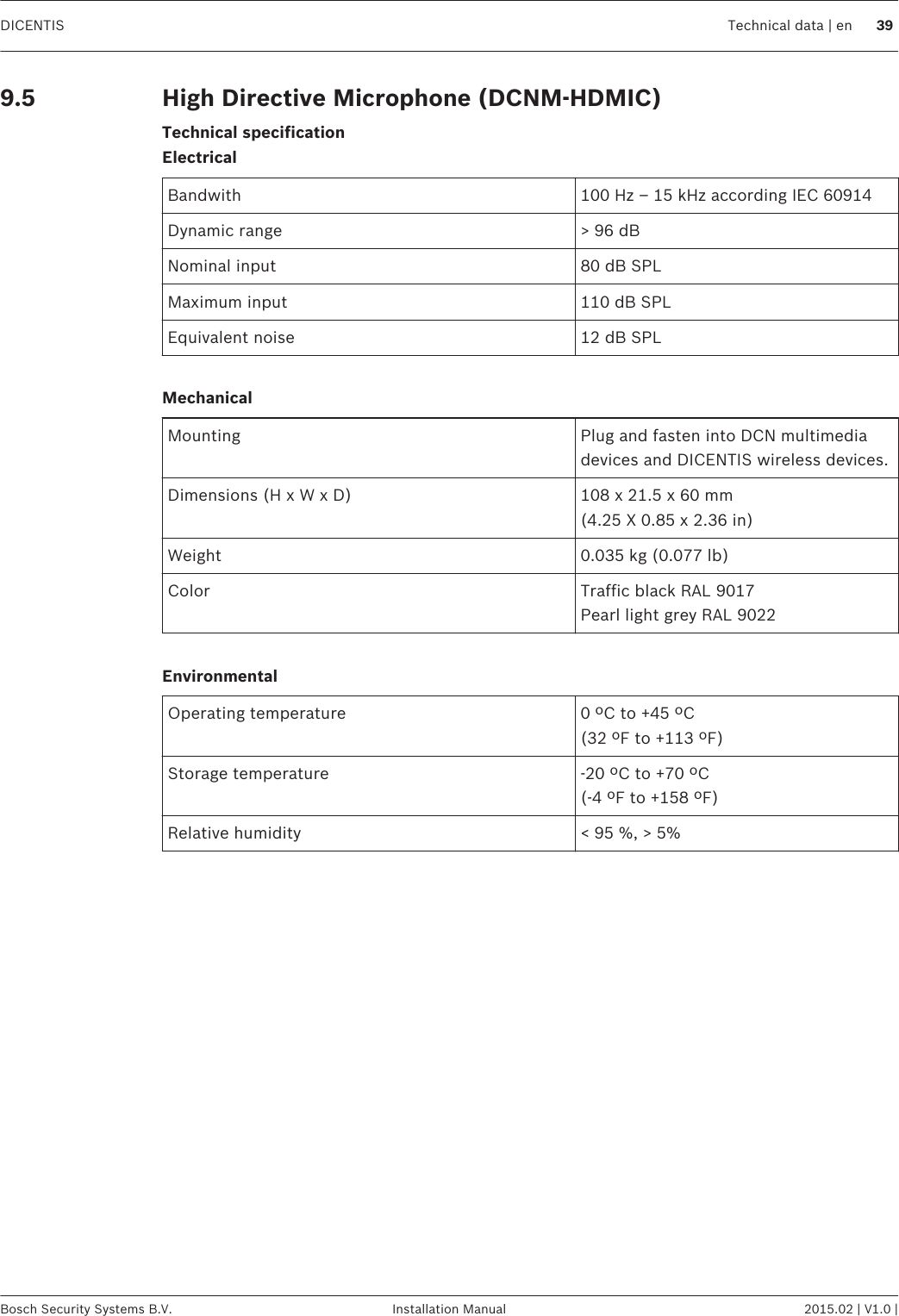 High Directive Microphone (DCNM-HDMIC)Technical specificationElectricalBandwith 100 Hz – 15 kHz according IEC 60914Dynamic range &gt; 96 dBNominal input 80 dB SPLMaximum input 110 dB SPLEquivalent noise 12 dB SPL MechanicalMounting Plug and fasten into DCN multimediadevices and DICENTIS wireless devices.Dimensions (H x W x D) 108 x 21.5 x 60 mm(4.25 X 0.85 x 2.36 in)Weight 0.035 kg (0.077 lb)Color Traffic black RAL 9017Pearl light grey RAL 9022 EnvironmentalOperating temperature 0 ºC to +45 ºC(32 ºF to +113 ºF)Storage temperature -20 ºC to +70 ºC(-4 ºF to +158 ºF)Relative humidity &lt; 95 %, &gt; 5% 9.5DICENTIS Technical data | en 39Bosch Security Systems B.V. Installation Manual 2015.02 | V1.0 |