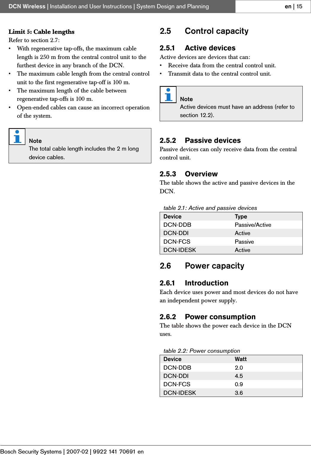 Bosch Security Systems | 2007-02 | 9922 141 70691 enDCN Wireless | Installation and User Instructions | System Design and Planning en | 15Limit 5: Cable lengthsRefer to section 2.7:• With regenerative tap-offs, the maximum cable length is 250 m from the central control unit to the furthest device in any branch of the DCN.• The maximum cable length from the central control unit to the first regenerative tap-off is 100 m.• The maximum length of the cable between regenerative tap-offs is 100 m.• Open-ended cables can cause an incorrect operation of the system.2.5 Control capacity2.5.1 Active devicesActive devices are devices that can:• Receive data from the central control unit.• Transmit data to the central control unit.2.5.2 Passive devicesPassive devices can only receive data from the central control unit.2.5.3 OverviewThe table shows the active and passive devices in the DCN.2.6 Power capacity2.6.1 IntroductionEach device uses power and most devices do not have an independent power supply.2.6.2 Power consumptionThe table shows the power each device in the DCN uses.NoteThe total cable length includes the 2 m long device cables.NoteActive devices must have an address (refer to section 12.2).table 2.1: Active and passive devicesDevice TypeDCN-DDB Passive/ActiveDCN-DDI ActiveDCN-FCS PassiveDCN-IDESK Activetable 2.2: Power consumptionDevice WattDCN-DDB 2.0DCN-DDI 4.5DCN-FCS 0.9DCN-IDESK 3.6