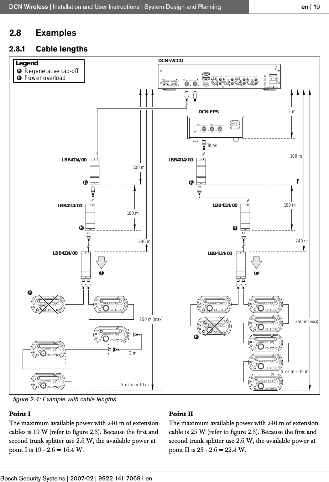 Bosch Security Systems | 2007-02 | 9922 141 70691 enDCN Wireless | Installation and User Instructions | System Design and Planning en | 192.8 Examples2.8.1 Cable lengthsPoint IThe maximum available power with 240 m of extension cables is 19 W (refer to figure 2.3). Because the first and second trunk splitter use 2.6 W, the available power at point I is 19 - 2.6 = 16.4 W.Point IIThe maximum available power with 240 m of extension cable is 25 W (refer to figure 2.3). Because the first and second trunk splitter use 2.6 W, the available power at point II is 25 - 2.6 = 22.4 W.figure 2.4: Example with cable lengthsOutOutOutInTap-offTrunkNC C C NOFaultRS 232Network12AudioIn 1 AudioOut 1 Audio In 2 AudioOut 2MainsPort 2115:100-120V 50-60Hz T2.5A 250V230:220-240V 50-60Hz T2A H 250VRS 232 Port 1Trunk1248V 48V230TrunkLBB4114/00DCN-WCCUDCN-EPS250 m (max)250 m (max)240 m240 m100 m100 m2mLBB4114/00LBB4114/00 100 m100 m5x2m=10m5x2m=10mLBB4114/002mLBB4114/00 LBB4114/00Regenerative tap-offLegendRR RRRPPPower overloadP