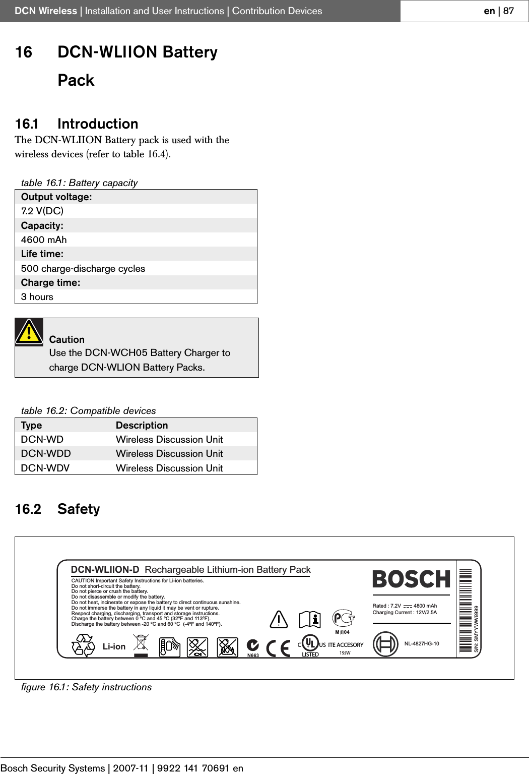 Bosch Security Systems | 2007-11 | 9922 141 70691 enDCN Wireless | Installation and User Instructions | Contribution Devices en | 8716 DCN-WLIION Battery Pack16.1 IntroductionThe DCN-WLIION Battery pack is used with the wireless devices (refer to table 16.4).16.2 Safetytable 16.1: Battery capacityOutput voltage:7. 2  V ( D C )Capacity:4600 mAhLife time:500 charge-discharge cyclesCharge time:3 hoursCautionUse the DCN-WCH05 Battery Charger to charge DCN-WLION Battery Packs.table 16.2: Compatible devicesType DescriptionDCN-WD Wireless Discussion UnitDCN-WDD Wireless Discussion UnitDCN-WDV Wireless Discussion Unitfigure 16.1: Safety instructionsCAUTION Important Safety Instructions for Li-ion batteries.Do not short-circuit the battery.Do not pierce or crush the battery.Do not disassemble or modify the battery.Do not heat, incinerate or expose the battery to direct continuous sunshine.Do not immerse the battery in any liquid it may be vent or rupture.Respect charging, discharging, transport and storage instructions.Charge the battery between 0 ºC and 45 ºC (32ºF and 113ºF).Discharge the battery between -20 ºC and 60 ºC (-4ºF and 140ºF).Rated : 7.2V 4800 mAhCharging Current : 12V/2.5ADCN-WLIION-D Rechargeable Lithium-ion Battery PackNL-4827HG-10S/N: SMYYWW9999Li-ionUS ITE ACCESORYCLISTED 19JWM04