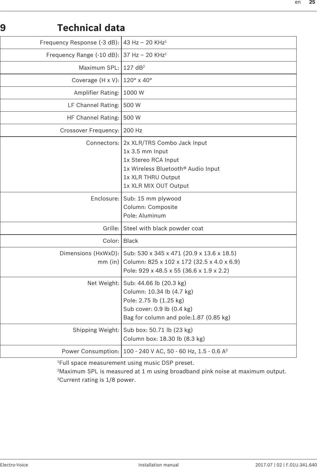 Technical dataFrequency Response (-3 dB): 43 Hz – 20 KHz1Frequency Range (-10 dB): 37 Hz – 20 KHz1Maximum SPL: 127 dB2Coverage (H x V): 120° x 40°Amplifier Rating: 1000 WLF Channel Rating: 500 WHF Channel Rating: 500 WCrossover Frequency: 200 HzConnectors: 2x XLR/TRS Combo Jack Input1x 3.5 mm Input 1x Stereo RCA Input1x Wireless Bluetooth® Audio Input1x XLR THRU Output1x XLR MIX OUT OutputEnclosure: Sub: 15 mm plywoodColumn: CompositePole: AluminumGrille: Steel with black powder coatColor: BlackDimensions (HxWxD):mm (in)Sub: 530 x 345 x 471 (20.9 x 13.6 x 18.5)Column: 825 x 102 x 172 (32.5 x 4.0 x 6.9)Pole: 929 x 48.5 x 55 (36.6 x 1.9 x 2.2)Net Weight: Sub: 44.66 lb (20.3 kg)Column: 10.34 lb (4.7 kg)Pole: 2.75 lb (1.25 kg)Sub cover: 0.9 lb (0.4 kg)Bag for column and pole:1.87 (0.85 kg)Shipping Weight: Sub box: 50.71 lb (23 kg) Column box: 18.30 lb (8.3 kg)Power Consumption: 100 - 240 V AC, 50 - 60 Hz, 1.5 - 0.6 A31Full space measurement using music DSP preset.2Maximum SPL is measured at 1 m using broadband pink noise at maximum output.3Current rating is 1/8 power.9  en 25Electro-Voice Installation manual 2017.07 | 02 | F.01U.341.640