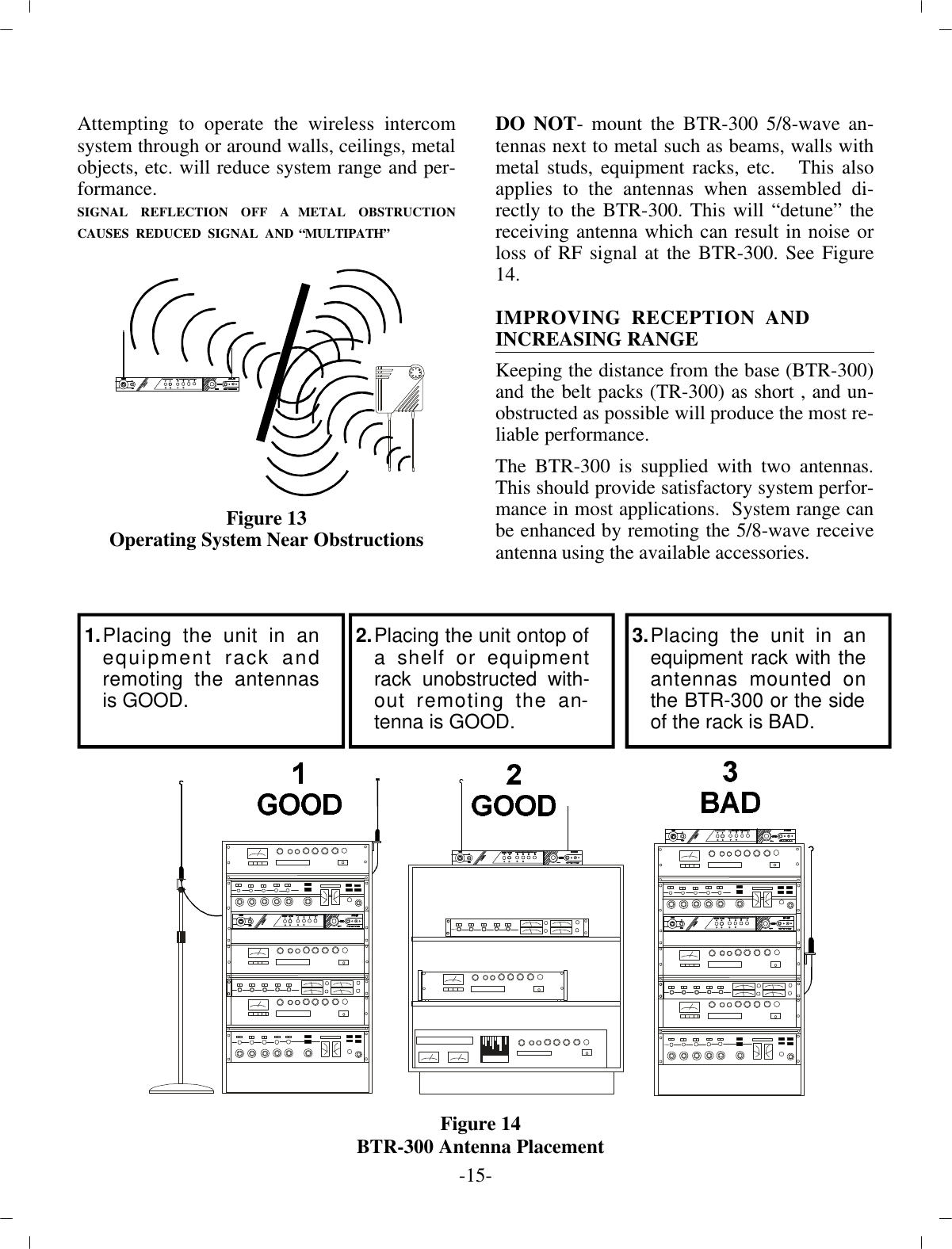 At tempting to op er ate the wire less in ter comsys tem through  or around walls, ceil ings, metal ob jects, etc. will re duce  sys tem range and per -for mance.SIG NAL  RE FLEC TION  OFF  A METAL  OB STRUC TIONCAUSES  RE DUCED  SIG NAL  AND “MULTIPATH”Fig ure 13Op er ating Sys tem Near Ob struc tionsDO NOT- mount the BTR-300 5/8-wave an -ten nas next to  metal such as beams, walls withmetal studs, equip ment racks, etc.   This alsoap plies to the an ten nas when as sem bled di -rectly to the BTR-300. This will “de tune” there ceiv ing  an tenna which can re sult in noise orloss of RF sig nal at the BTR-300. See Fig ure14.IM PROVING RE CEP TION AND             IN CREASING RANGE Keeping the dis tance from the base (BTR-300)and the belt packs (TR-300) as short , and un -ob structed as pos si ble will pro duce the most re -li able per for mance.The BTR-300 is sup plied with two an ten nas.This should  pro vide sat is fac tory sys tem per for -mance in most ap pli ca tions.  Sys tem range canbe en hanced by remoting the  5/8-wave re ceivean tenna us ing the avail able ac ces so ries.-15 - 1. Placing the unit in anequip ment rack andremoting the an ten nasis GOOD. 2.  Placing the unit ontop of a shelf or equip mentrack un ob structed with -out remoting the an -tenna is GOOD. 3.  Placing the unit in anequip ment rack with thean ten nas mounted onthe BTR-300 or the side of the rack is BAD.Fig ure 14BTR-300 An tenna Place ment