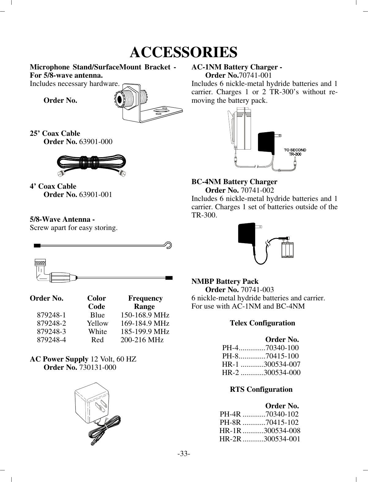 AC CES SORIESMi cro phone Stand/SurfaceMount Bracket -For 5/8-wave an tenna.  In cludes nec es sary hard ware.Or der No. 25’ Coax Ca bleOr der No.  63901-0004’ Coax Ca bleOr der No.  63901-0015/8-Wave An tenna - Screw apart for easy stor ing.Or der No. Color      Fre quencyCode         Range879248-1Blue150-168.9 MHz879248-2Yellow169-184.9 MHz879248-3White185-199.9 MHz879248-4Red200-216 MHzAC Power Sup ply  12 Volt, 60 HZ Or der No. 730131-000AC-1NM Bat tery Charger -Or der No. 70741-001In cludes 6 nickle-metal hy dride bat ter ies and 1car rier. Charges 1 or 2 TR-300’s with out re -mov ing the bat tery pack.BC-4NM Bat tery ChargerOr der No. 70741-002In cludes 6 nickle-metal hy dride bat ter ies and 1car rier. Charges 1 set of bat ter ies out side of theTR-300.NMBP Bat tery PackOr der No. 70741-0036 nickle-metal hy dride bat ter ies and car rier. For use with AC-1NM and BC-4NM                    Telex Con fig u ra tion Or der No.PH-4.............. 70340-100PH-8.............. 70415-100HR-1............300534-007HR-2............300534-000                    RTS Con fig u ra tionOr der No.PH-4R............ 70340-102PH-8R............ 70415-102HR-1R...........300534-008HR-2R...........300534-001-33 -