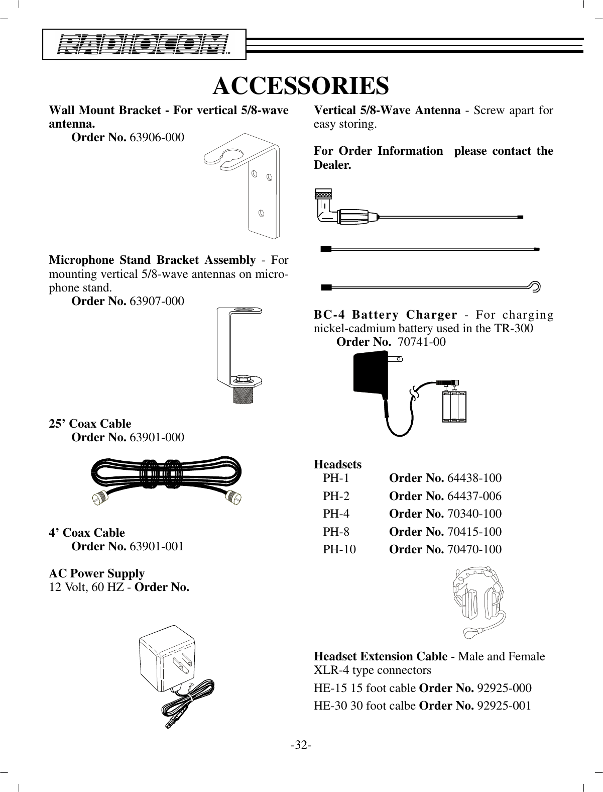 AC CES SORIESWall Mount Bracket - For ver ti cal 5/8-wavean tenna.Or der No. 63906-000Mi cro phone Stand Bracket As sem bly  - Formount ing ver ti cal 5/8-wave an ten nas on mi cro -phone stand.Or der No. 63907-00025’ Coax Ca bleOr der No.  63901-0004’ Coax Ca bleOr der No.  63901-001AC Power Sup ply12 Volt, 60 HZ - Or der No. Ver ti cal 5/8-Wave An tenna  - Screw apart foreasy stor ing.For Or der In for ma tion  please con tact theDealer.BC-4 Bat tery Charger - For charg ingnickel-cadmium bat tery used in the TR-300Or der No.  70741-00Head setsPH-1Or der No.  64438-100PH-2Or der No. 64437-006PH-4Or der No. 70340-100PH-8Or der No. 70415-100PH-10Or der No. 70470-100Head set Ex ten sion Ca ble  - Male and Fe maleXLR-4 type con nec torsHE-15 15 foot ca ble  Or der No. 92925-000HE-30 30 foot calbe Or der No. 92925-001-32 -
