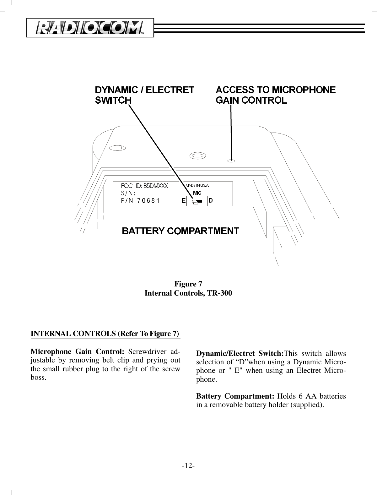 Fig ure 7In ter nal Con trols, TR-300IN TER NAL CON TROLS (Re fer  To  Fig ure 7)Mi cro phone Gain Con trol:  Screw driver ad -just able by re mov ing  belt clip and pry ing outthe small rub ber plug to the right of the screwboss.Dy namic/Electret Switch: This switch al lowsse lec tion of “D” when us ing a Dy namic Mi cro -phone or &quot; E&quot; when us ing an  Electret Mi cro -phone.Bat tery Com part ment:  Holds 6 AA bat ter iesin a re mov able  bat tery holder (sup plied).-12 -