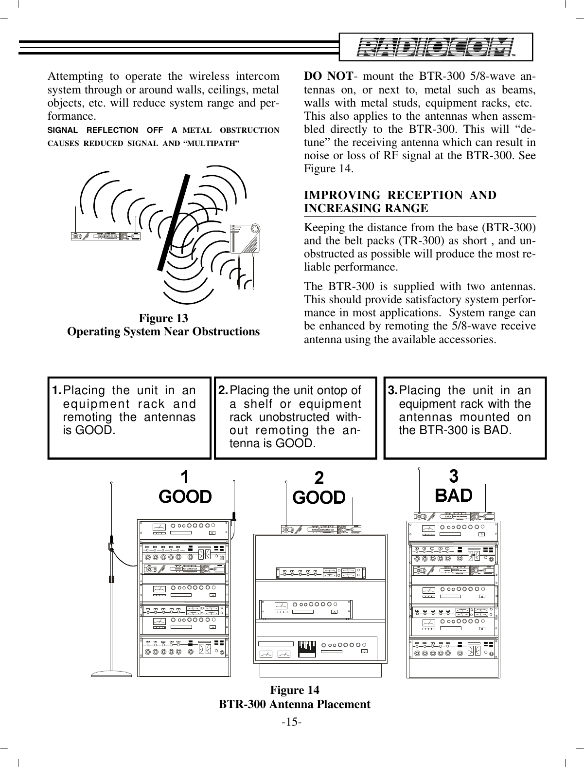 At tempting to op er ate the wire less in ter comsys tem through  or around walls, ceil ings, metal ob jects, etc. will re duce  sys tem range and per -for mance.SIG NAL  RE FLEC TION  OFF  A METAL  OB STRUC TIONCAUSES  RE DUCED  SIG NAL  AND “MULTIPATH”Fig ure 13Op er ating Sys tem Near Ob struc tionsDO NOT- mount the BTR-300 5/8-wave an -ten nas on, or next to, metal such as beams,walls with metal studs, equip ment racks, etc.  This also ap plies to the an ten nas when as sem -bled  di rectly to the BTR-300. This will “de -tune” the re ceiv ing  an tenna which can re sult innoise or loss of RF sig nal at the BTR-300. SeeFig ure 14.IM PROVING RE CEP TION AND             IN CREASING RANGE Keeping the dis tance from the base (BTR-300)and the belt packs (TR-300) as short , and un -ob structed as pos si ble will pro duce the most re -li able per for mance.The BTR-300 is sup plied with two an ten nas.This should  pro vide sat is fac tory sys tem per for -mance in most ap pli ca tions.  Sys tem range canbe en hanced by remoting the  5/8-wave re ceivean tenna us ing the avail able ac ces so ries.-15 - 1. Placing the unit in anequip ment rack andremoting the an ten nasis GOOD. 2.  Placing the unit ontop of a shelf or equip mentrack un ob structed with -out remoting the an -tenna is GOOD. 3.  Placing the unit in anequip ment rack with thean ten nas mounted onthe BTR-300 is BAD.Fig ure 14BTR-300 An tenna Place ment