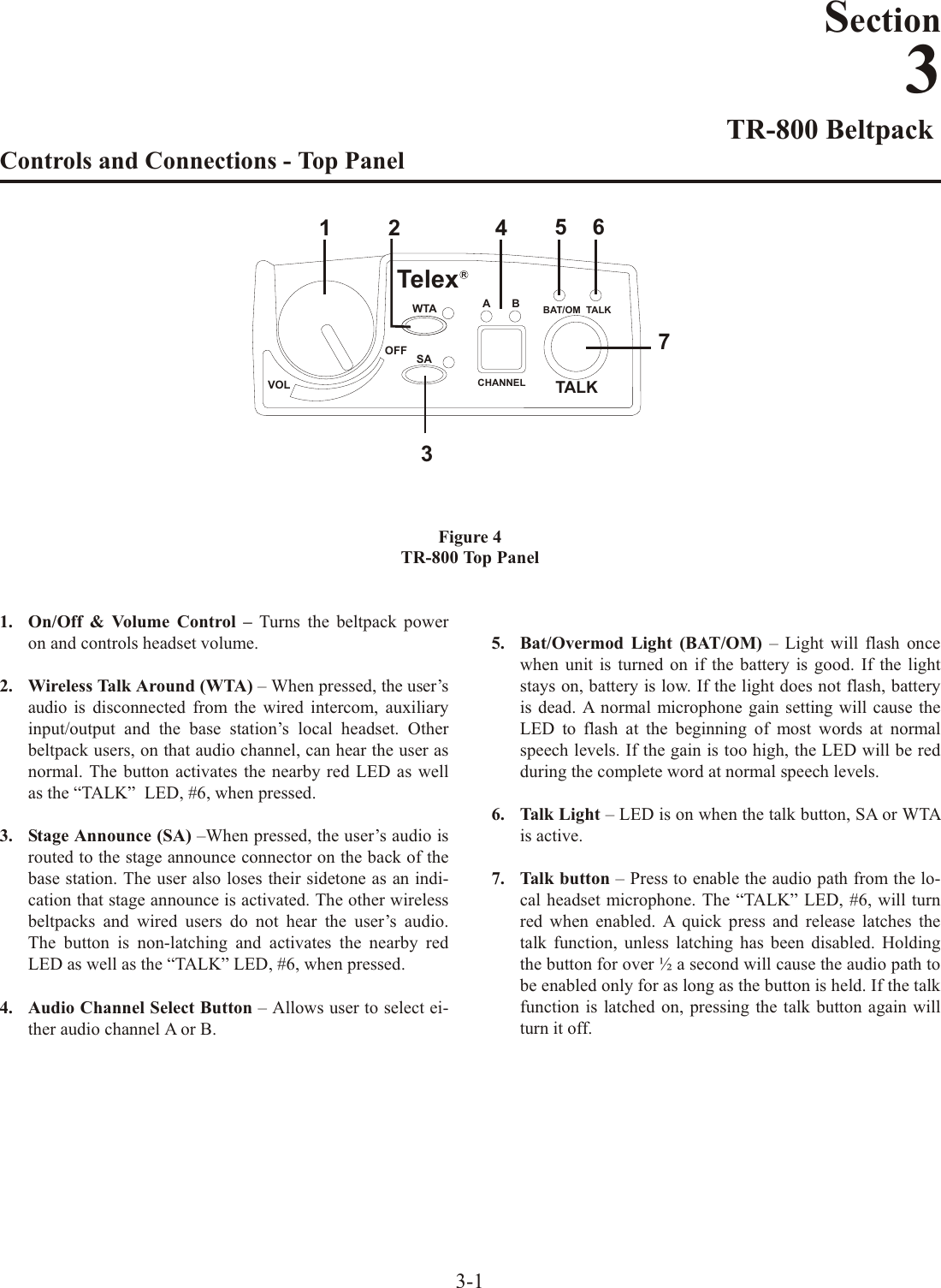 TR-800 Beltpack Con trols  and  Con nec tions  - Top PanelFig ure  4TR-800 Top Panel1. On/Off &amp; Vol ume Con trol – Turns the beltpack poweron and con trols head set vol ume.2. Wire less Talk Around (WTA) – When pressed, the user’s au dio  is dis con nected from the wired in ter com, aux il iaryin put/out put and the base sta tion’s lo cal head set. Otherbeltpack us ers, on that au dio chan nel, can hear the user asnor mal. The but ton ac ti vates the nearby red LED as wellas the “TALK”  LED, #6, when pressed.3. Stage An nounce (SA) –When pressed, the user’s au dio isrouted to the stage an nounce con nec tor on the back of thebase sta tion. The user also loses their sidetone as an in di -ca tion that stage an nounce is ac ti vated. The other wire lessbeltpacks and wired us ers do not hear the user’s au dio.The but ton is non-latching and ac tivates the nearby redLED as well as the “TALK” LED, #6, when pressed.4. Au dio  Chan nel  Se lect  Button – Al lows user to se lect ei -ther au dio chan nel A or B.5. Bat/Overmod Light (BAT/OM) – Light will flash oncewhen unit is turned on if the bat tery is good. If the lightstays on, bat tery is low. If the light does not flash, bat teryis dead. A nor mal mi cro phone gain set ting will cause theLED to flash at the be gin ning of most words at nor malspeech lev els. If the gain is too high, the LED will be reddur ing the com plete word at nor mal speech lev els.6. Talk Light – LED is on when the talk but ton, SA or WTAis ac tive.7. Talk but ton – Press to en able the au dio path from the lo -cal head set mi cro phone. The “TALK” LED, #6, will turnred when en abled. A quick press and re lease latches thetalk func tion, un less latch ing has been dis abled. Holdingthe but ton for over ½ a sec ond will cause the au dio path to be en abled only for as long as the but ton is held. If the talk func tion is latched on, press ing the talk but ton again willturn it off.3-1VOLOFF SAWTATelexRA BCHANNELBAT/OM  TALKTALK1245673Section3